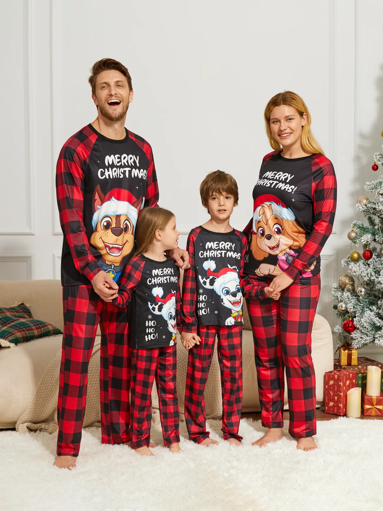 PAW Patrol Family Matching Christmas Red Plaid Long-sleeve Cartoon Graphic Pajamas Sets (Flame Resistant)