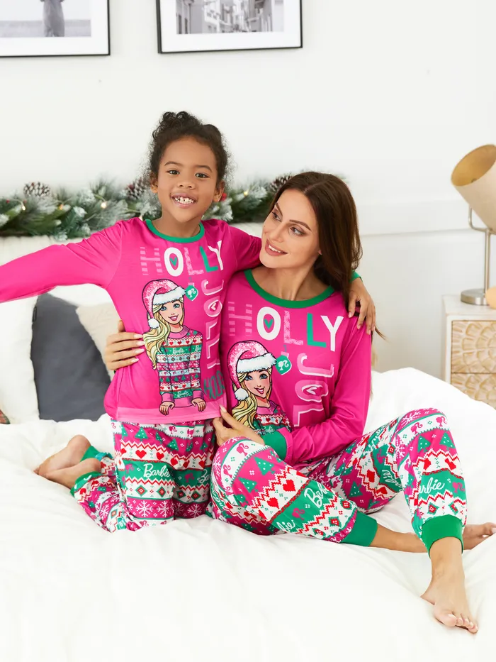 Barbie Christmas Mommy and Me Hot Pink Long-sleeve Graphic Print Pajamas Sets (Flame Resistant)