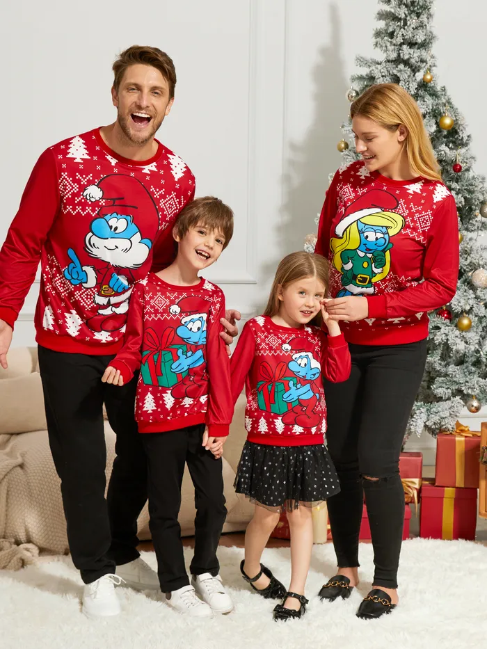 The Smurfs Family Matching Christmas Character & Snowflake Print Long-sleeve Top 