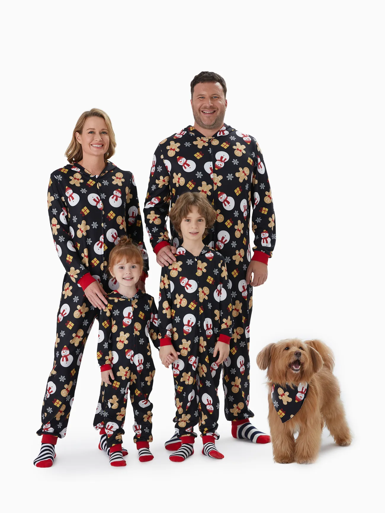 

Christmas Pajamas Gingerbread Man and Snowman Pattern Zipper Hooded Onesies Matching Family Outfits