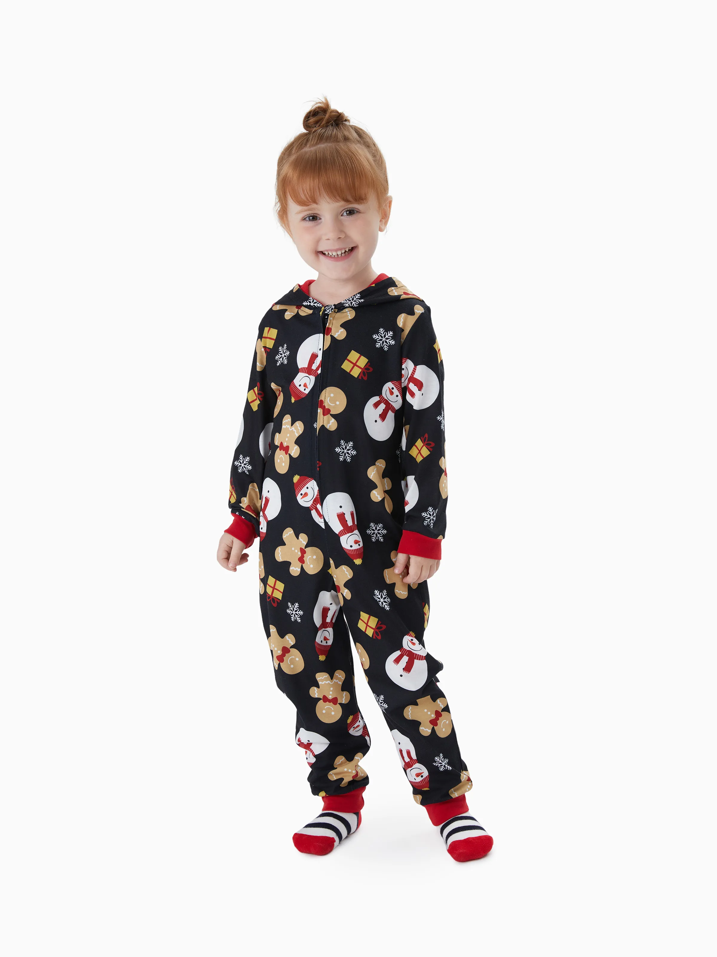 

Christmas Pajamas Gingerbread Man and Snowman Pattern Zipper Hooded Onesies Matching Family Outfits