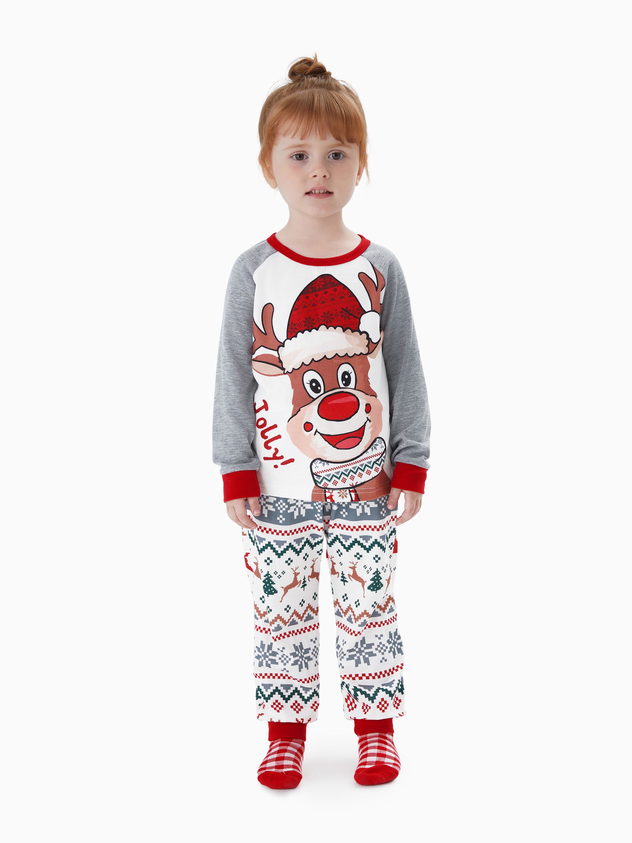 

Christmas Pajamas Matching Outfits Raglan Sleeves Cartoon Reindeer Graphic Allover Pattern Pants PJs Sets