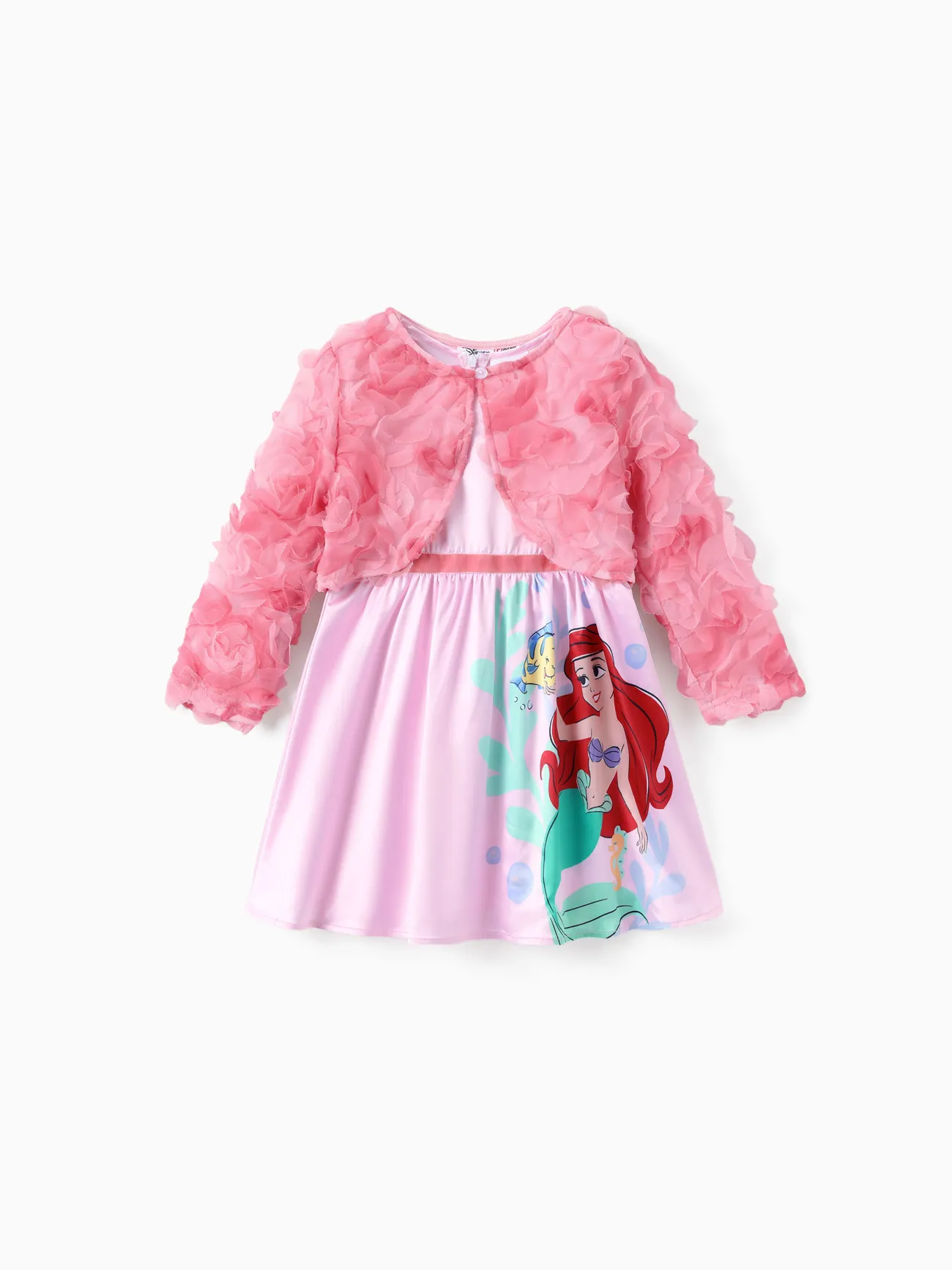 Pink - Disney Princess Toddler Girl 2pcs Ariel Floral Mesh Open Front Crop Jacket with Dress - image 3