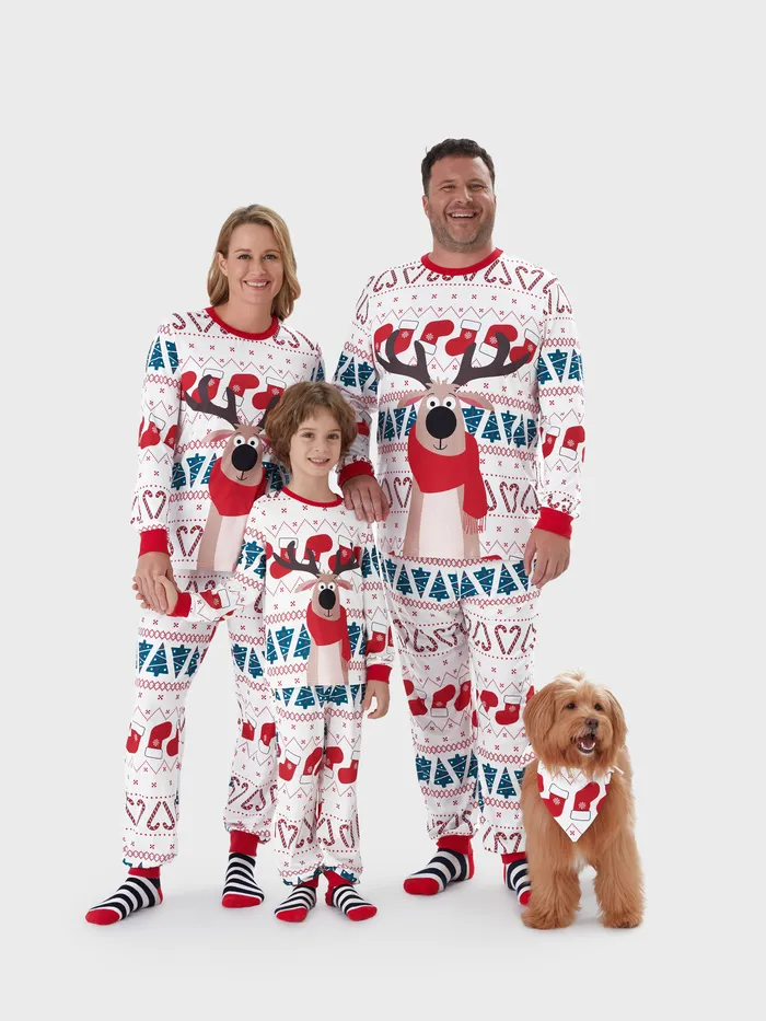 Christmas Family Matching Reindeer Big Graphic Allover Pattern Background Pajamas Sets with Pockets and Drawstring 