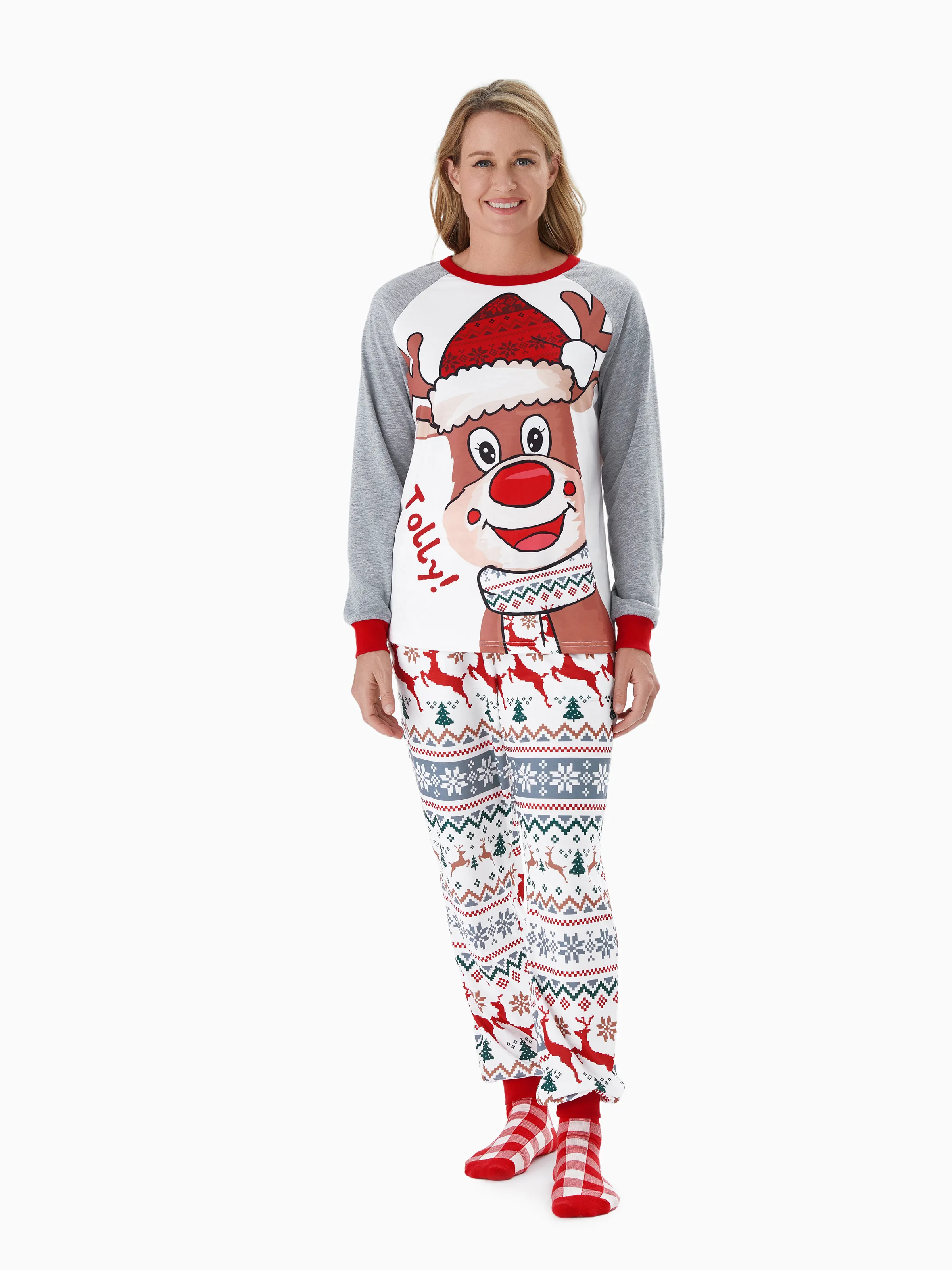 

Christmas Pajamas Matching Outfits Raglan Sleeves Cartoon Reindeer Graphic Allover Pattern Pants PJs Sets