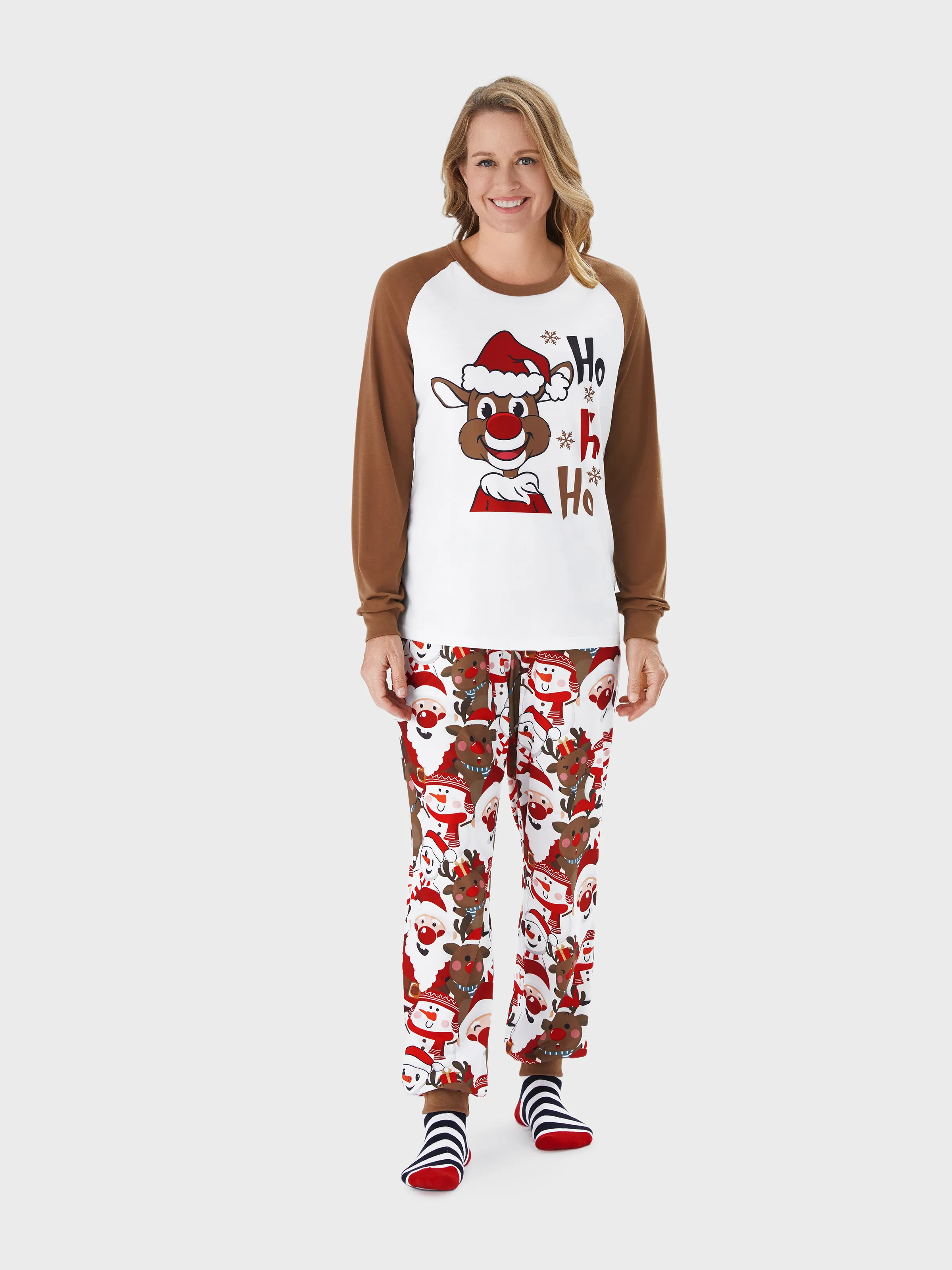 

Christmas Family Matching Raglan Sleeves Red Nose Reindeer Pajamas Sets with Drawstring and Pockets