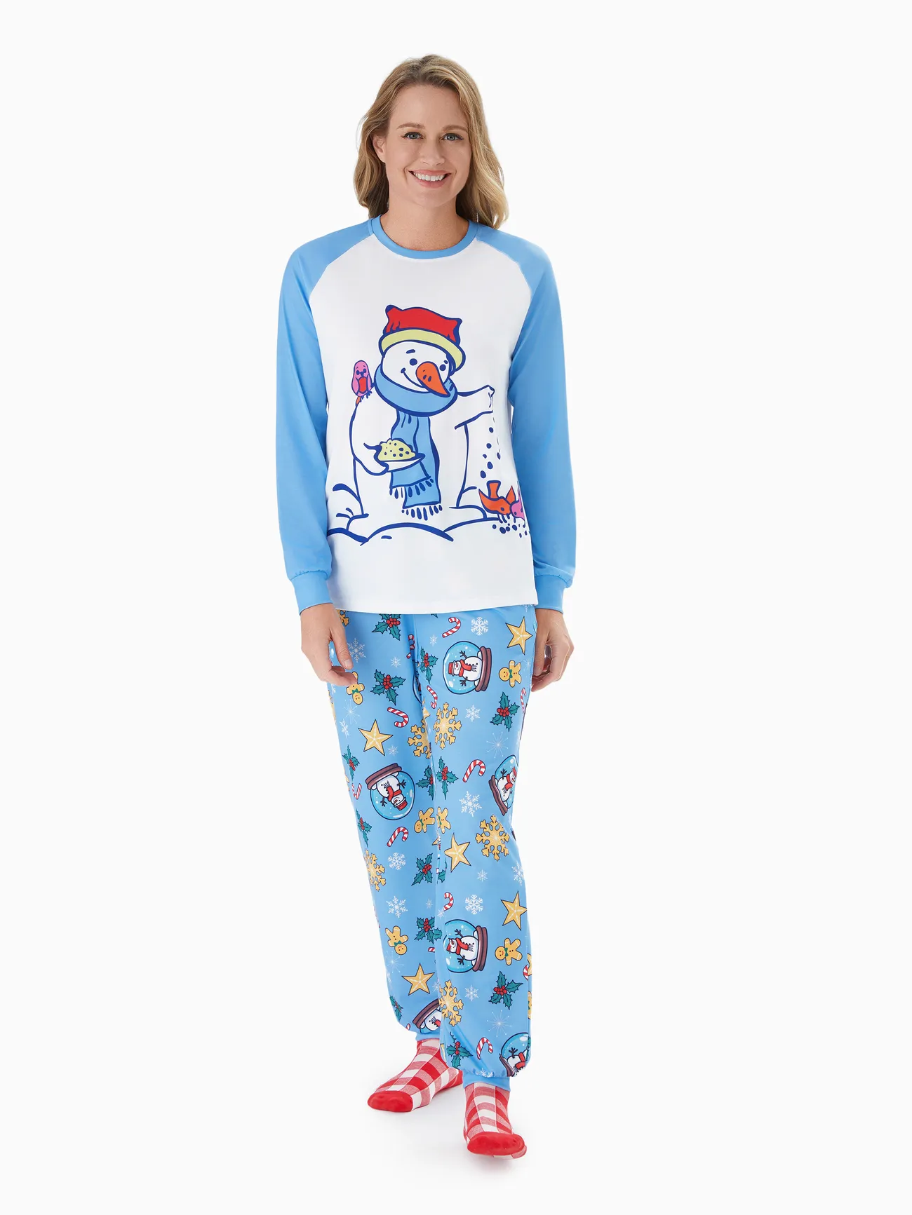 

Christmas Family Matching Blue Raglan Sleeves Snowman Graphic Pajamas Sets with Drawstring and Pockets