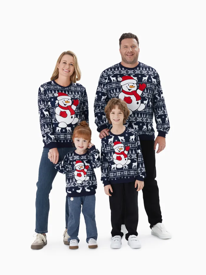 Christmas Family Matching Long Sleeves Whimsical Snowman Big Graphic Allover Pattern Background Tops 