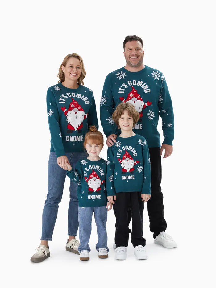 Gnome Sweater Green Matching Christmas for Family Snowflake Long Sleeves 