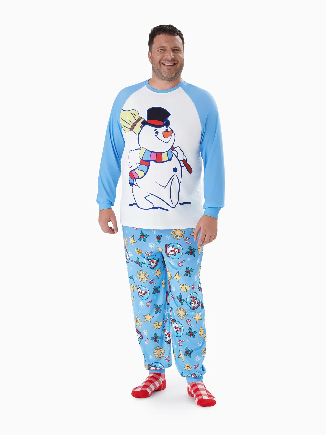 

Christmas Family Matching Blue Raglan Sleeves Snowman Graphic Pajamas Sets with Drawstring and Pockets