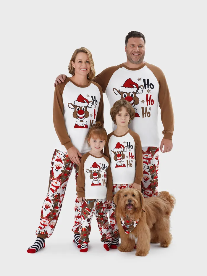 Christmas Family Matching Raglan Sleeves Red Nose Reindeer Pajamas Sets with Drawstring and Pockets 