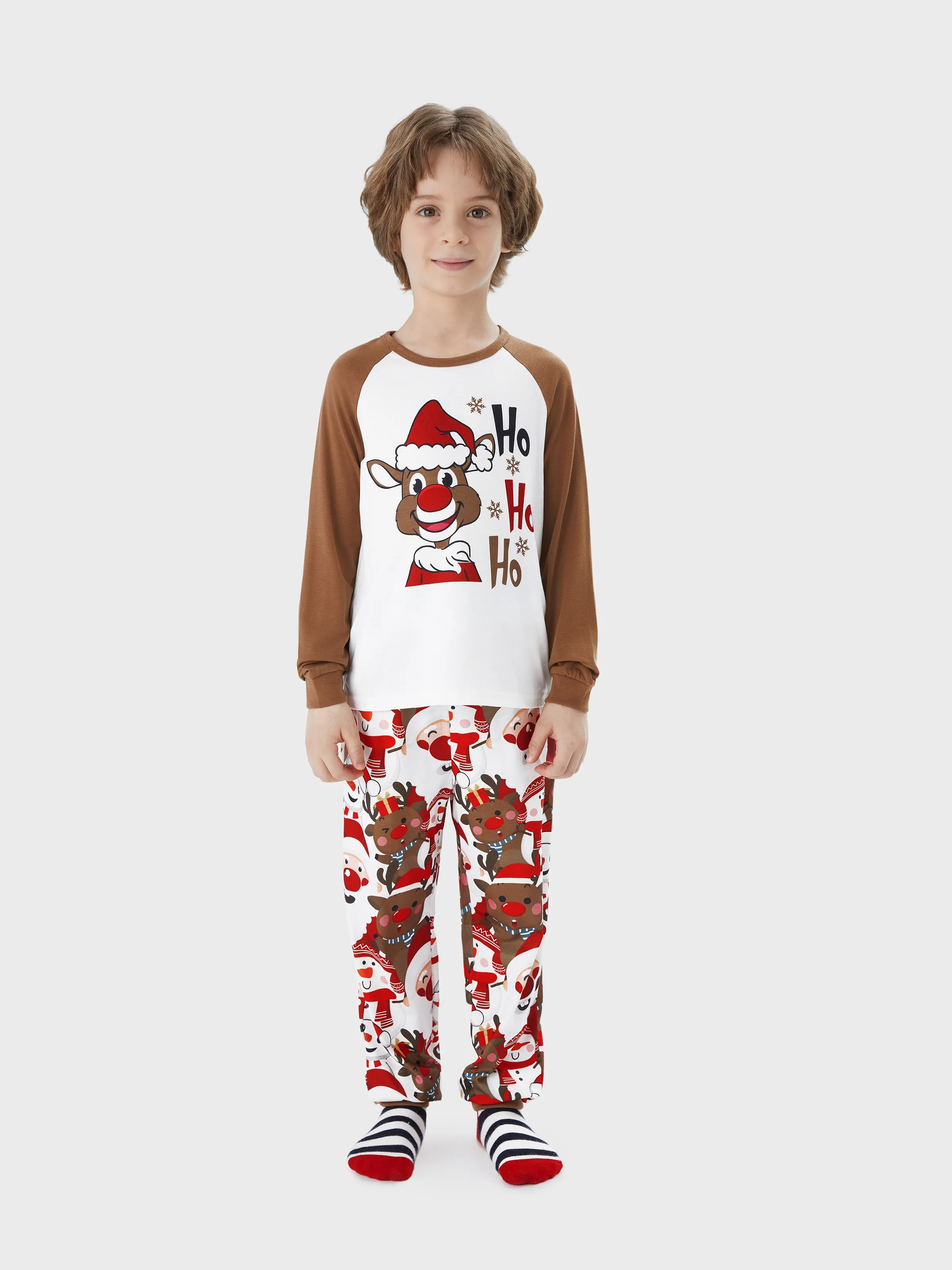 

Christmas Family Matching Raglan Sleeves Red Nose Reindeer Pajamas Sets with Drawstring and Pockets