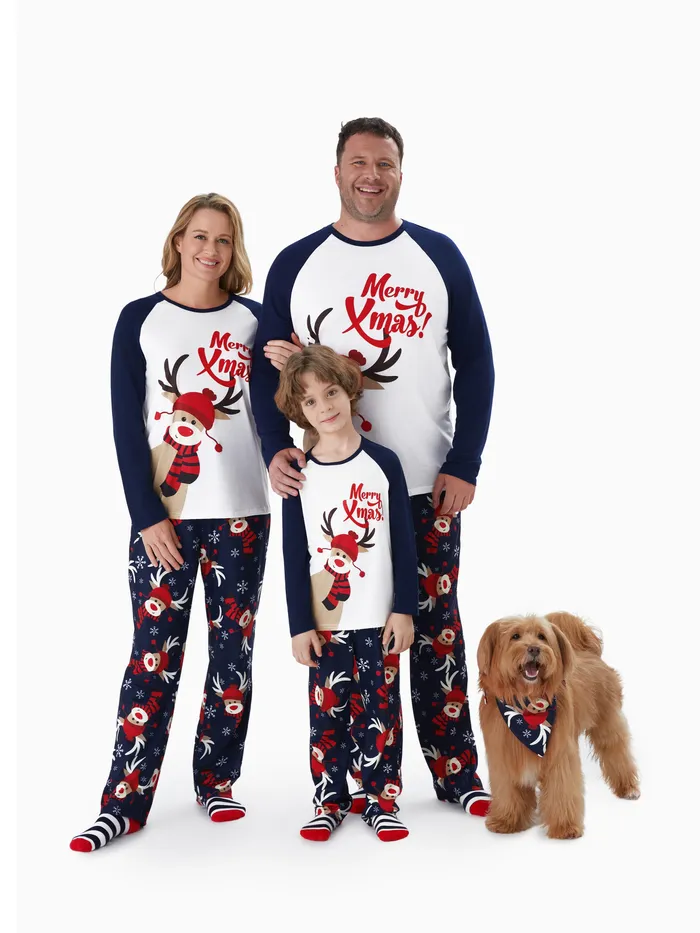 Christmas Family Pajamas Reindeer Pattern Big Graphic Raglan Sleeves Pajamas Sets