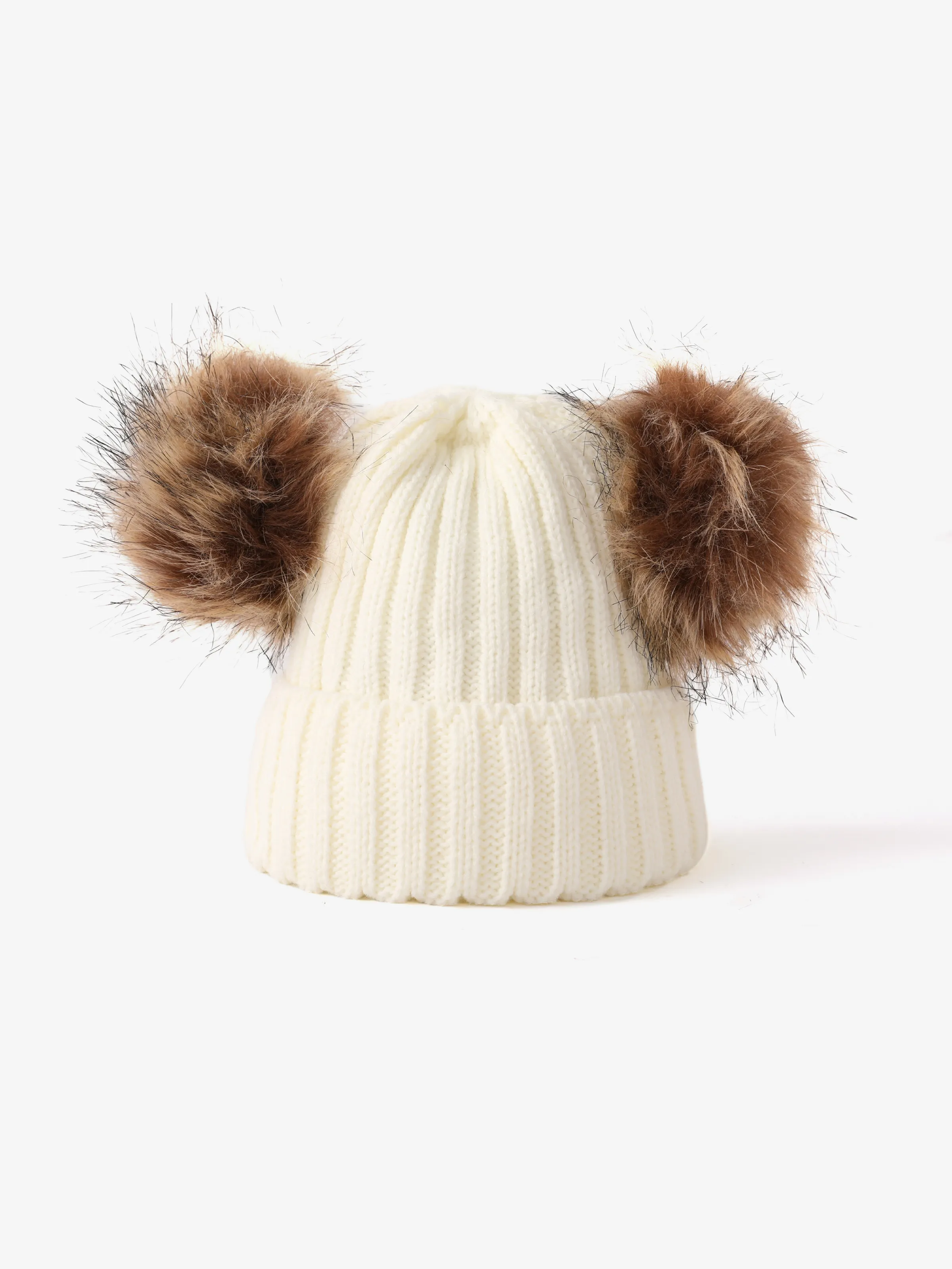 Double Hairball Knitted Beanie Hats for Mommy and Me White