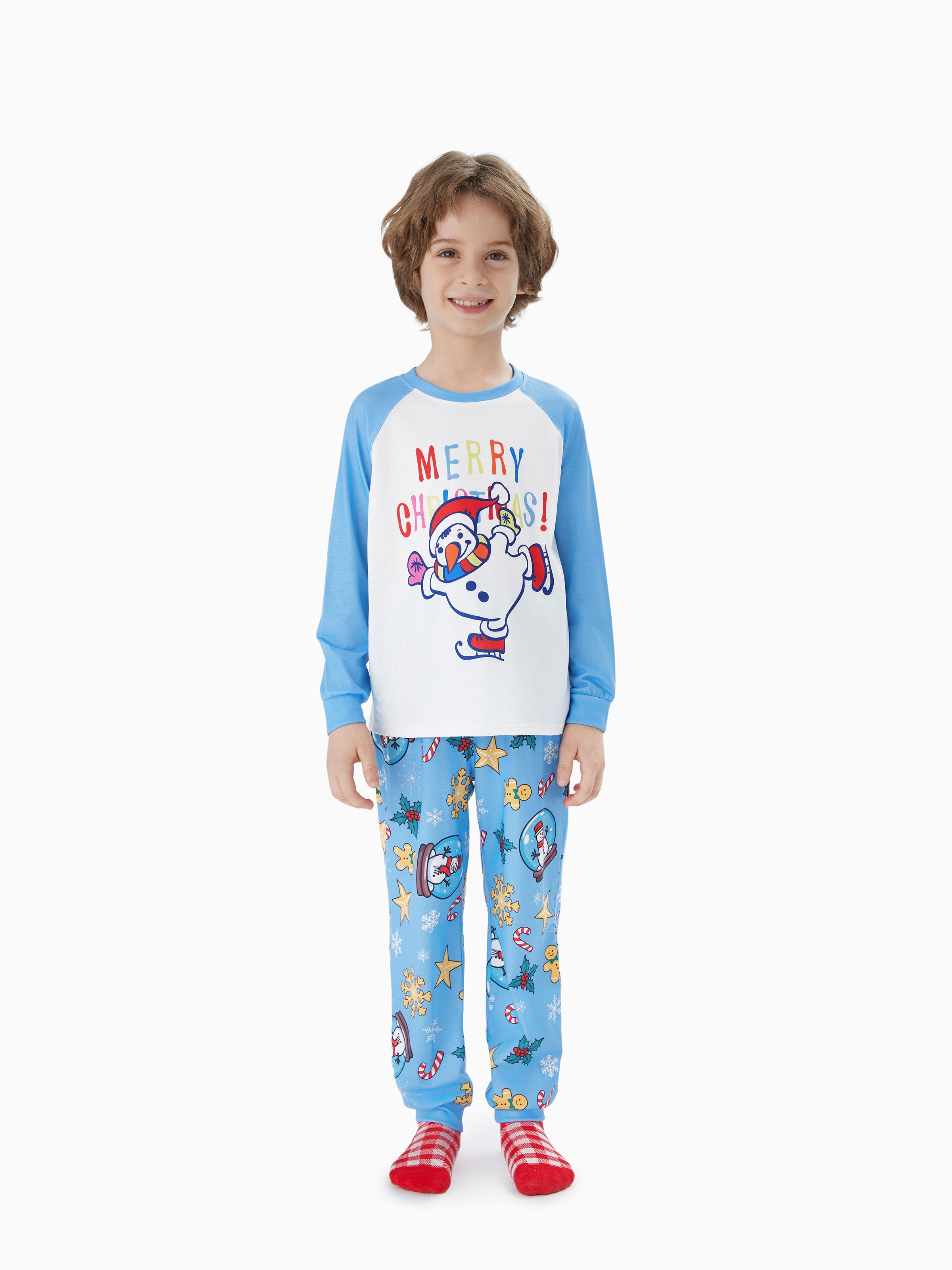 

Christmas Family Matching Blue Raglan Sleeves Snowman Graphic Pajamas Sets with Drawstring and Pockets