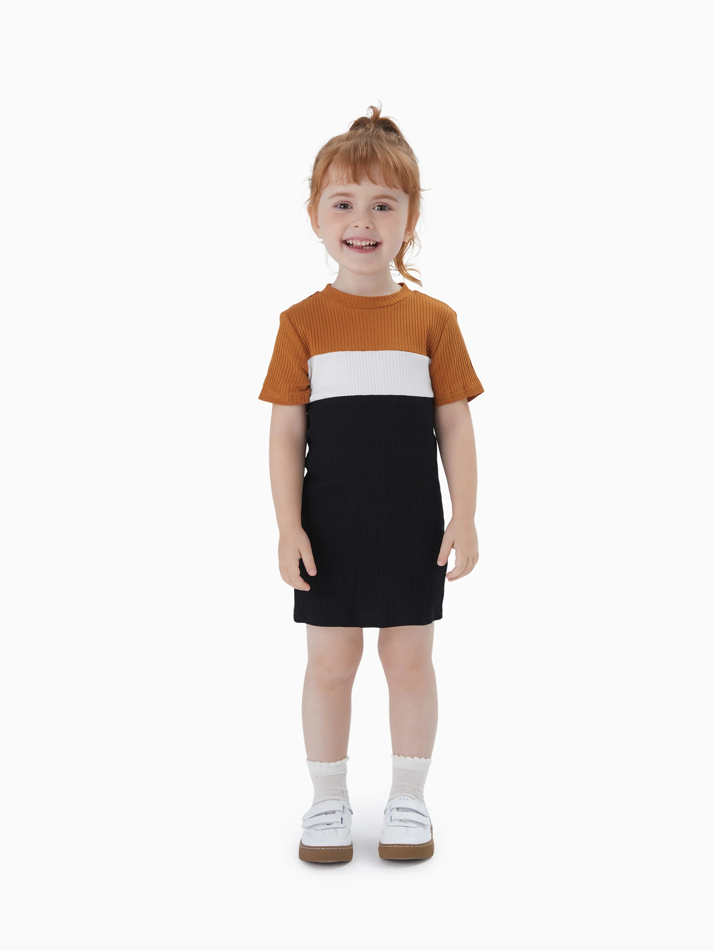 

Family Matching Cotton Short-sleeve Colorblock Rib Knit Mock Neck Bodycon Dresses and Tops Sets