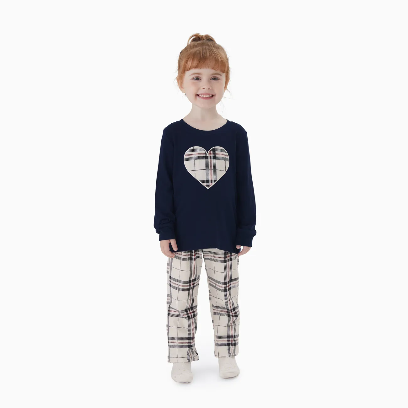Family Matching School Grid Letter Print Patch Long Sleeve Pajamas Sets