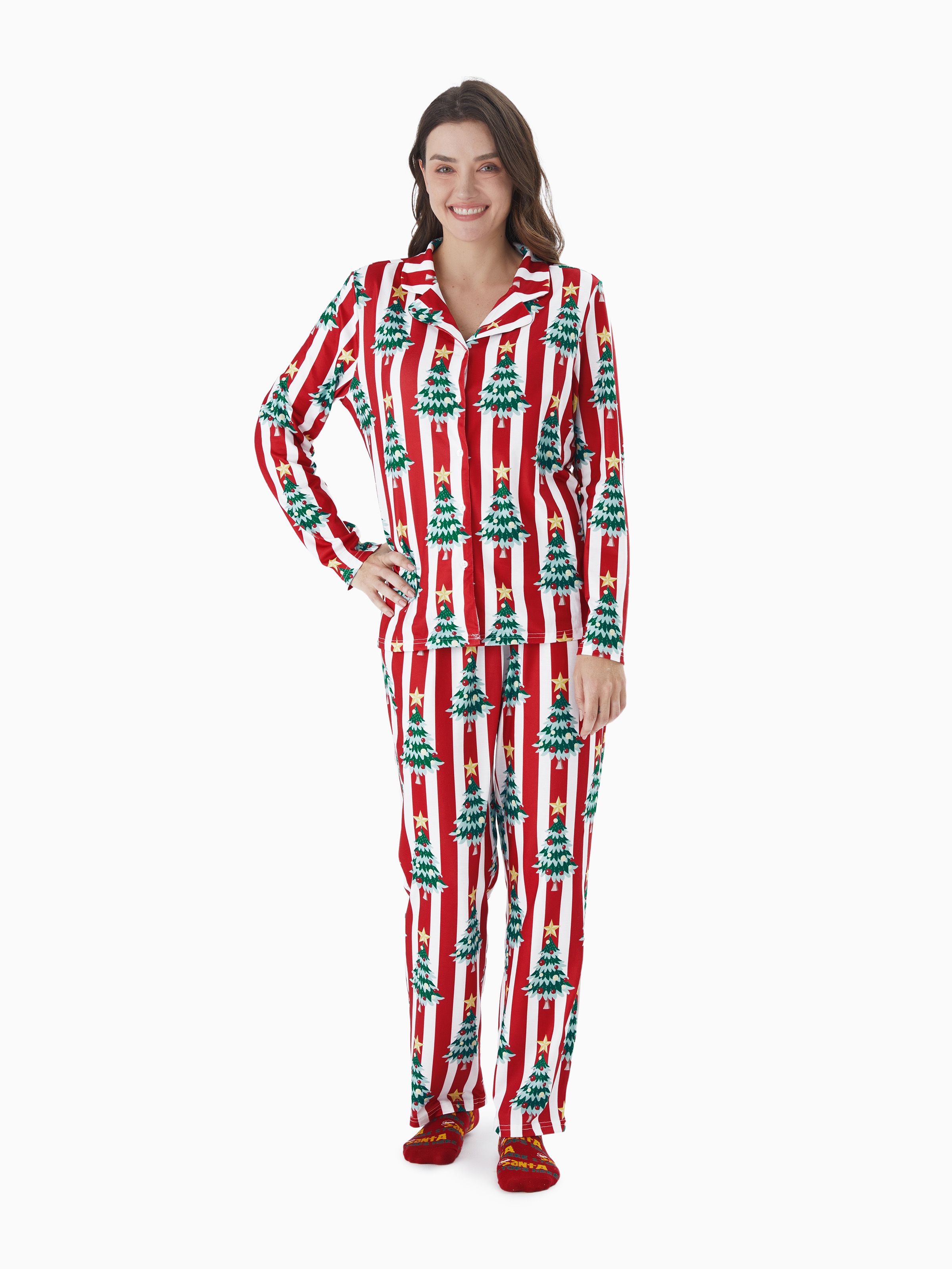 

Christmas Family Matching Trees Print Stripes Long-sleeve Pajamas Sets