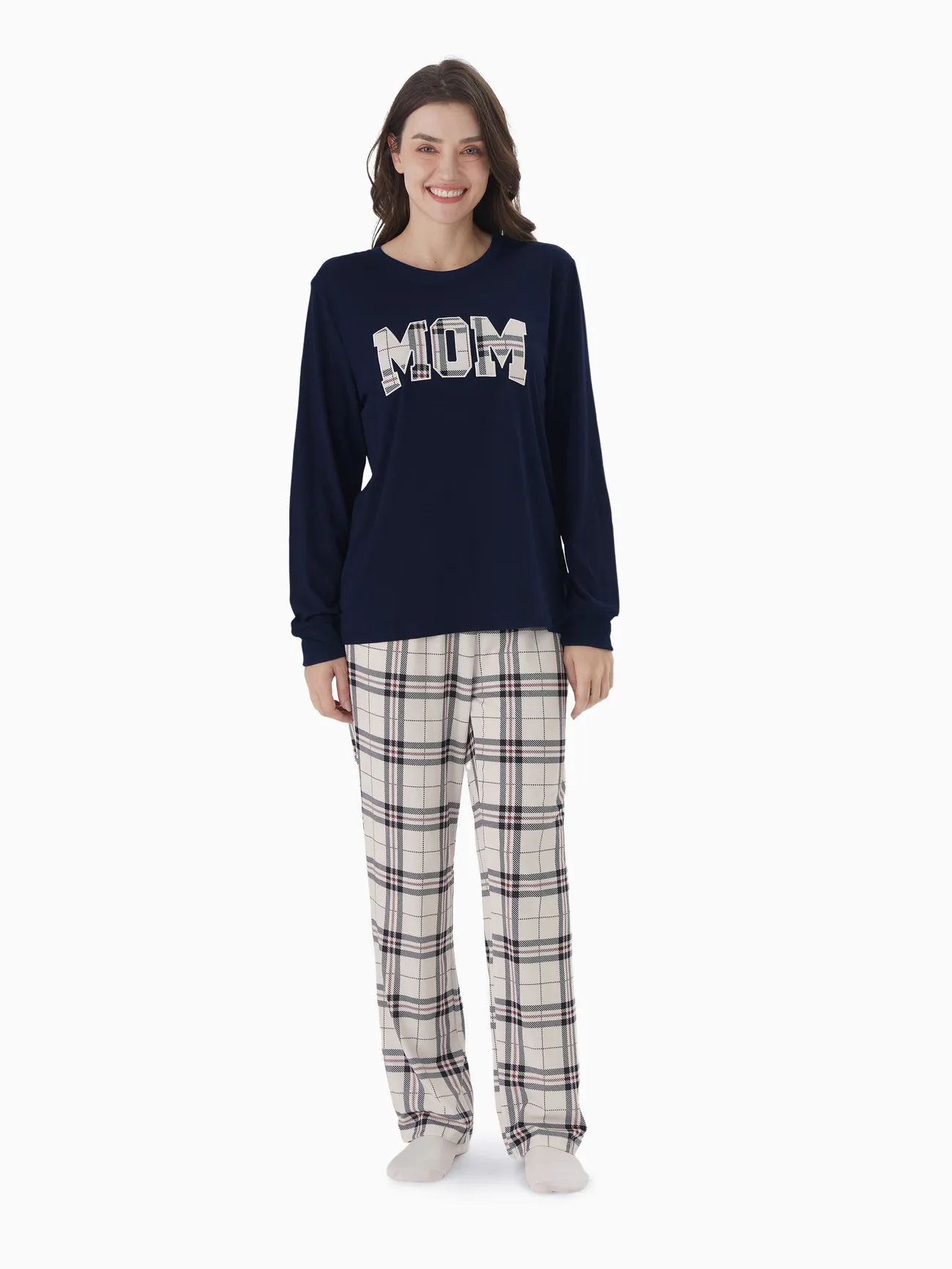 

Family Matching School Grid Letter Print Patch Long Sleeve Pajamas Sets