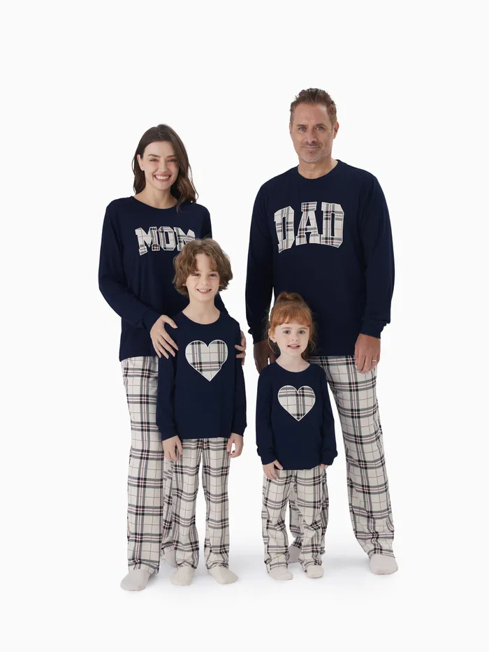 Family Matching School Grid Letter Print Patch Long Sleeve Pajamas Sets 