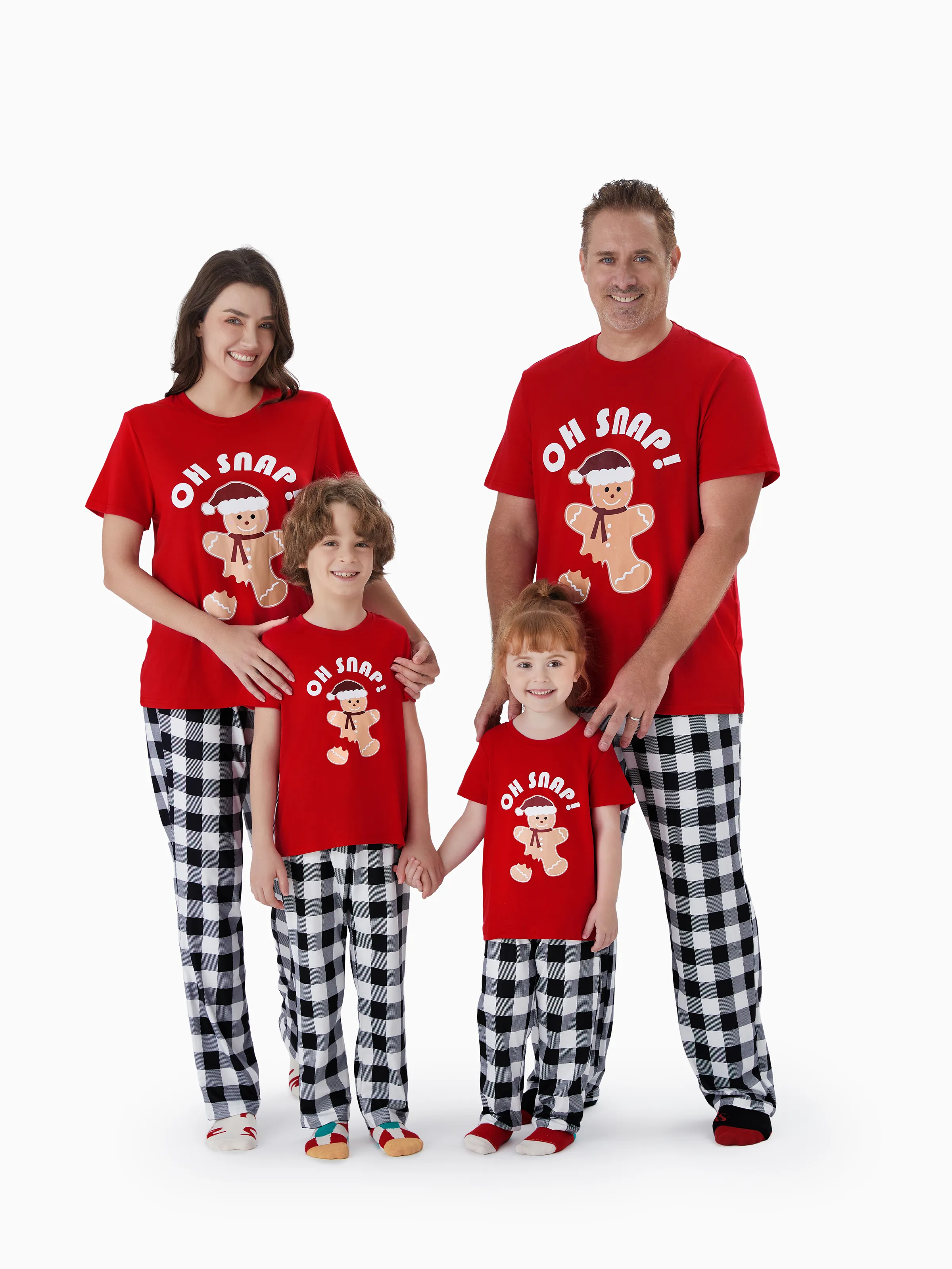 Matching Christmas Pajamas Gingerbread Man Print Short-sleeve Tops and Plaid Pants Pajamas Sets