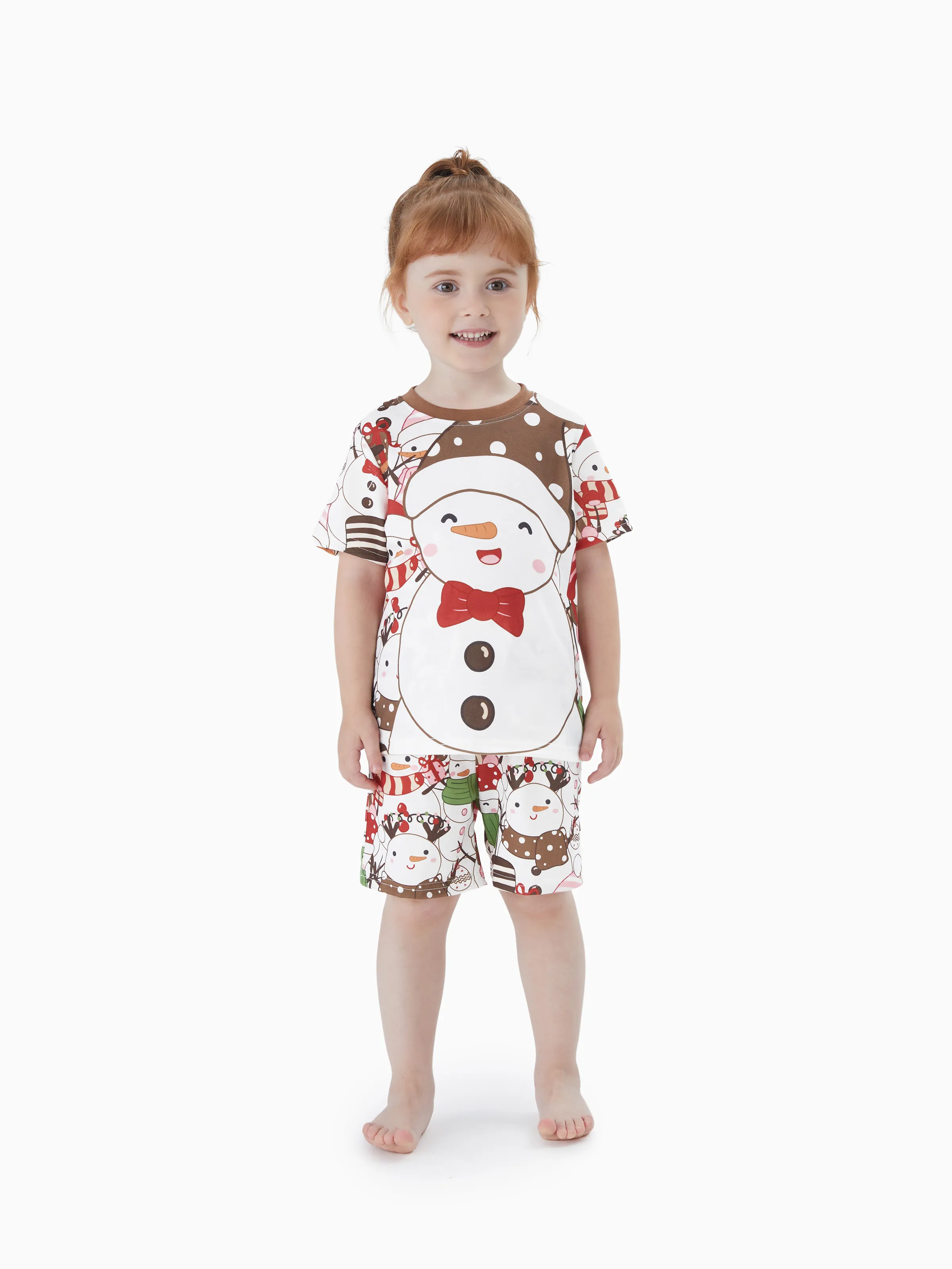 

Christmas Family Short Sleeves Snowman Big Graphic Tops Allover Pattern Shorts Pajamas Sets