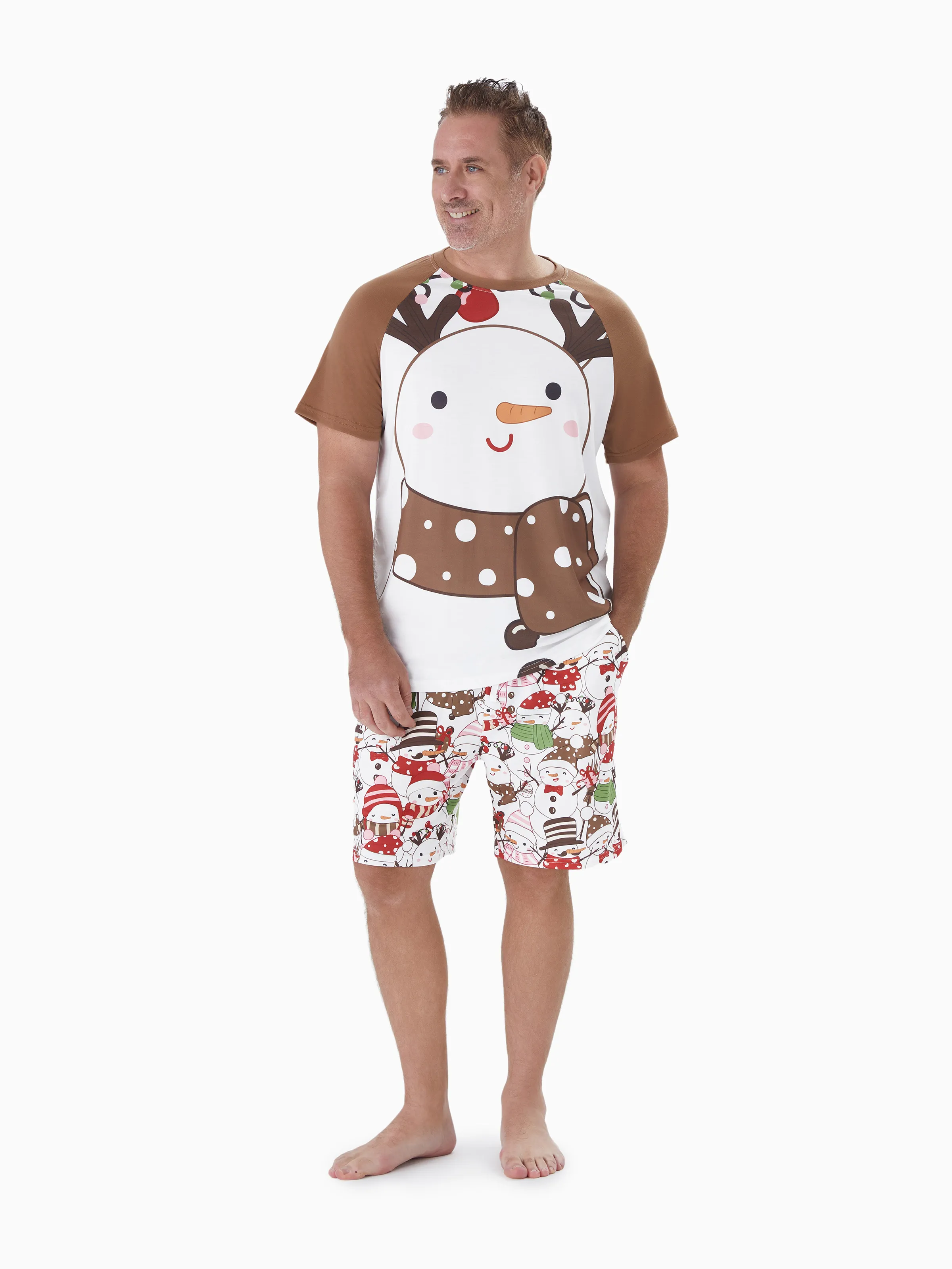 

Christmas Family Short Sleeves Snowman Big Graphic Tops Allover Pattern Shorts Pajamas Sets