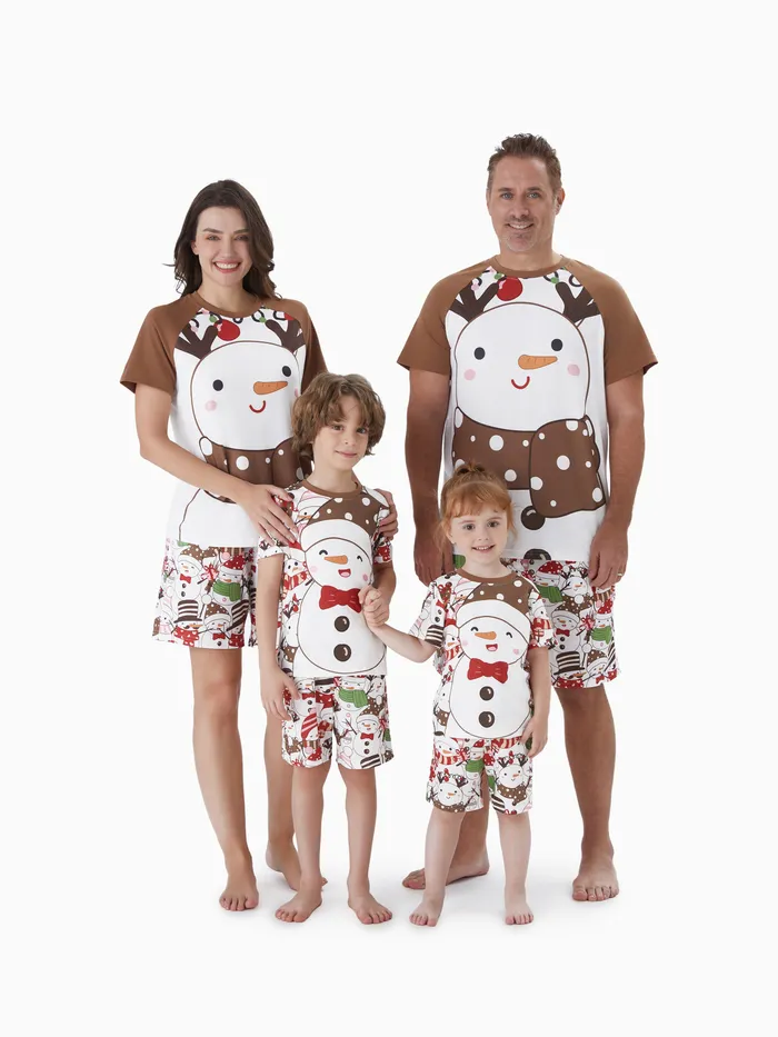 Weihnachten Familie Kurze Ärmel Schneemann Große Grafik Tops Allover Muster Shorts Pyjama Sets 