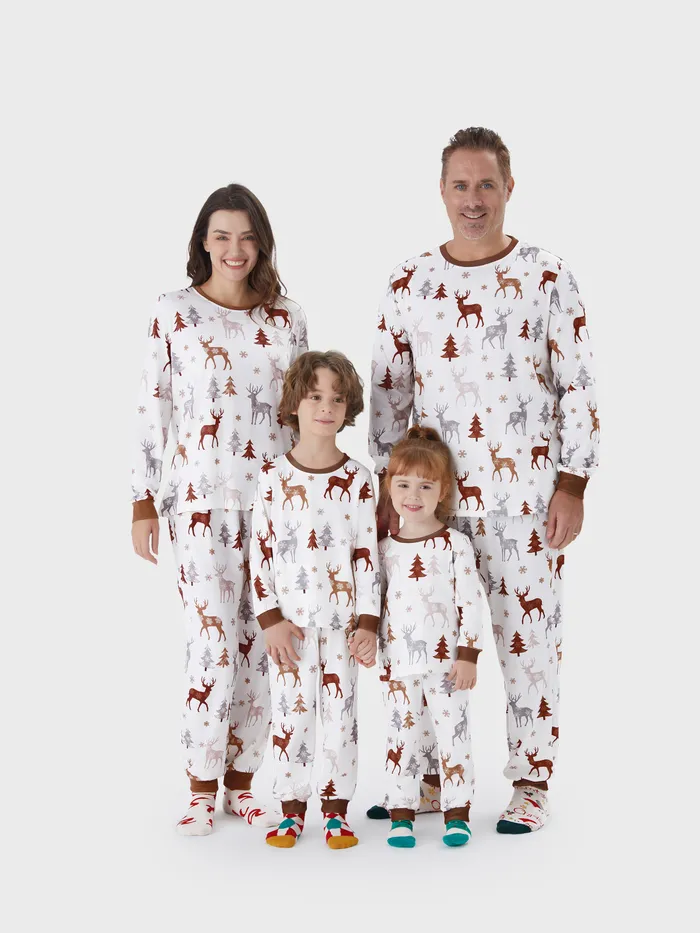 Reindeer Pajamas Long Sleeve White PJS for Adult, Kids, Baby and Pet