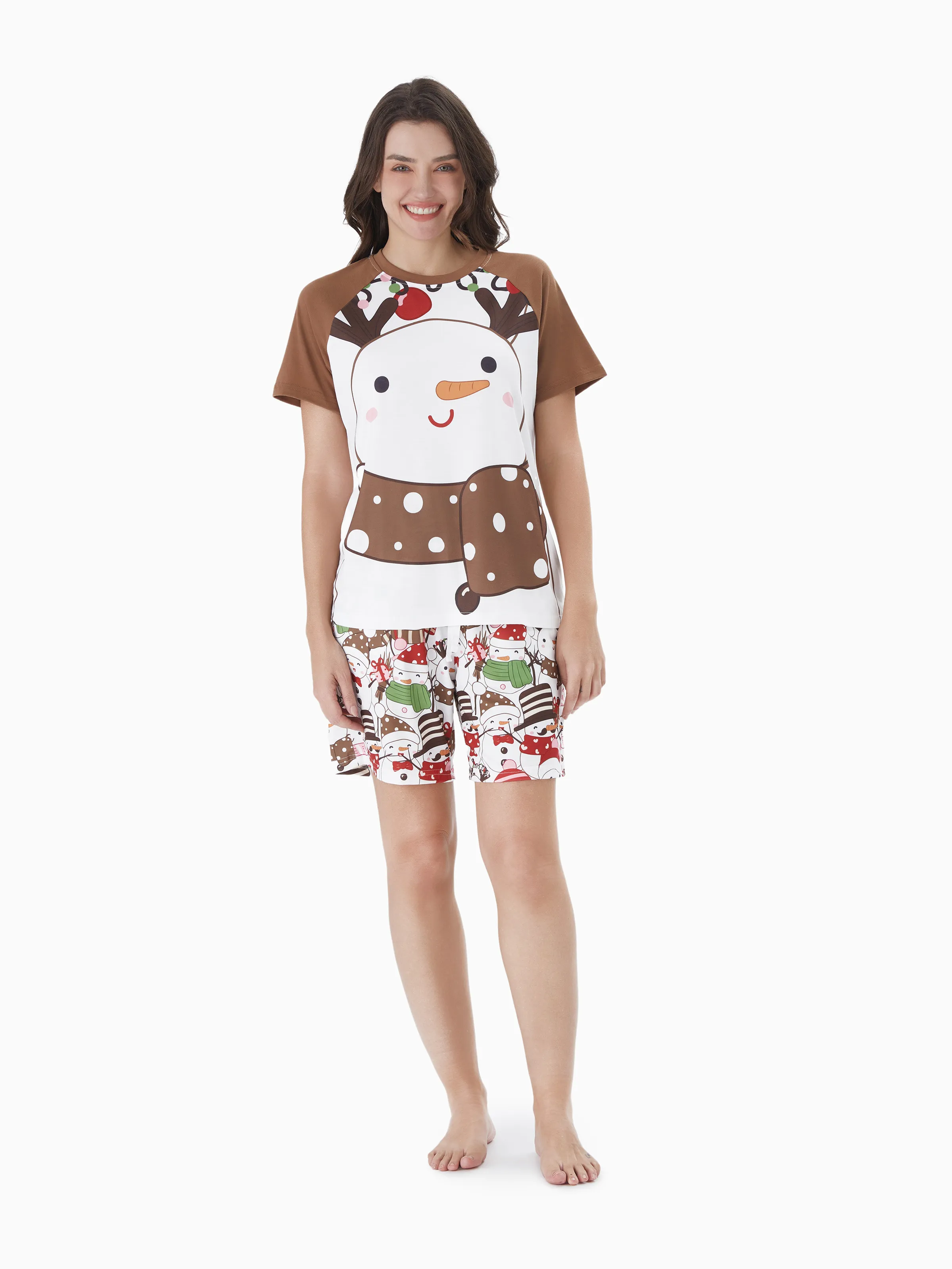 

Christmas Family Short Sleeves Snowman Big Graphic Tops Allover Pattern Shorts Pajamas Sets