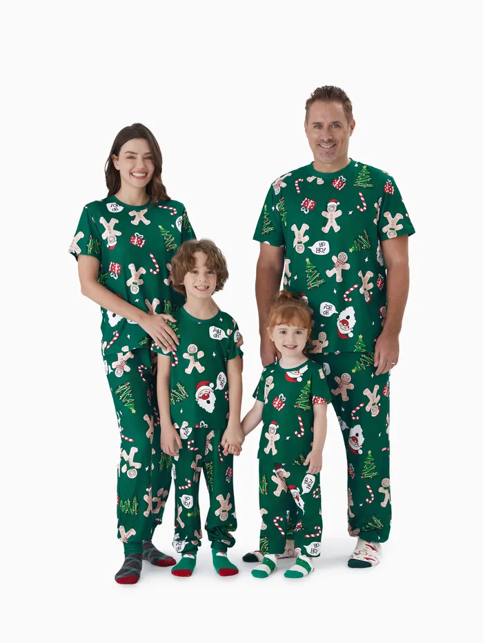 Green Christmas Pajamas with Gingerbread Man Pattern Short Sleeve Matching Family Pajamas