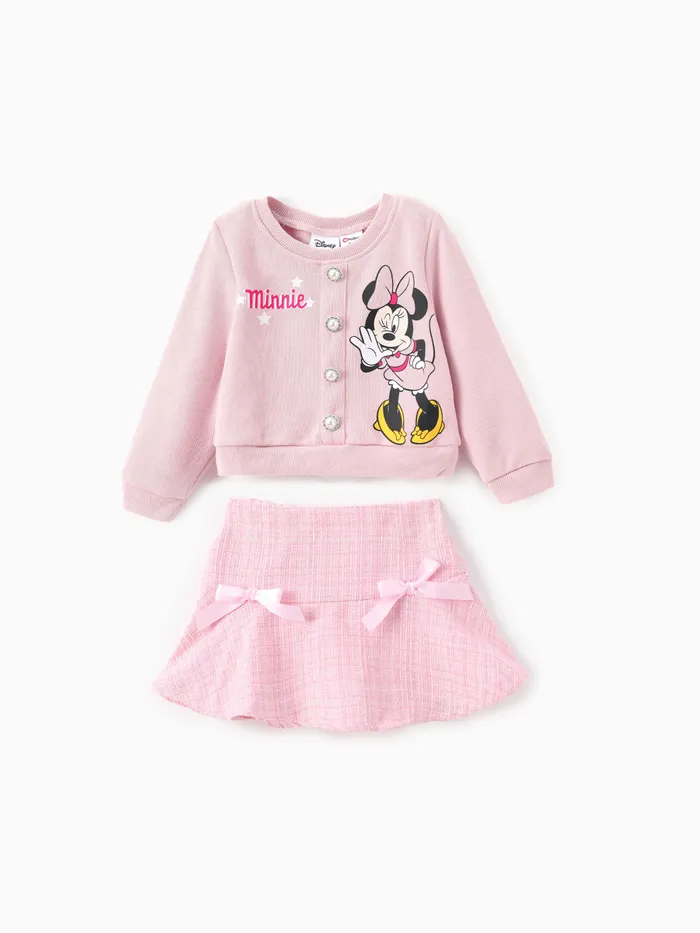 Disney Mickey And Friends Toddler Girl 2pcs Minnie/Daisy Character Print Coton À Manches Longues Haut Et Tweed Bowknot Jupe Ensemble 