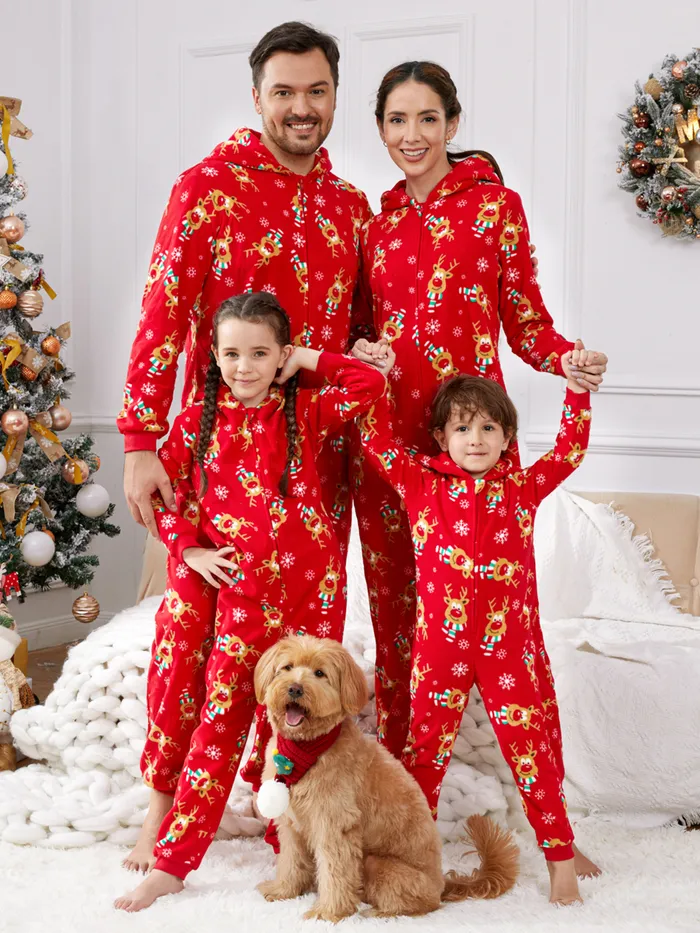 Matching Family Christmas Pajamas Red Onesies Thickened Polar Fleece with Hood Reindeer Print