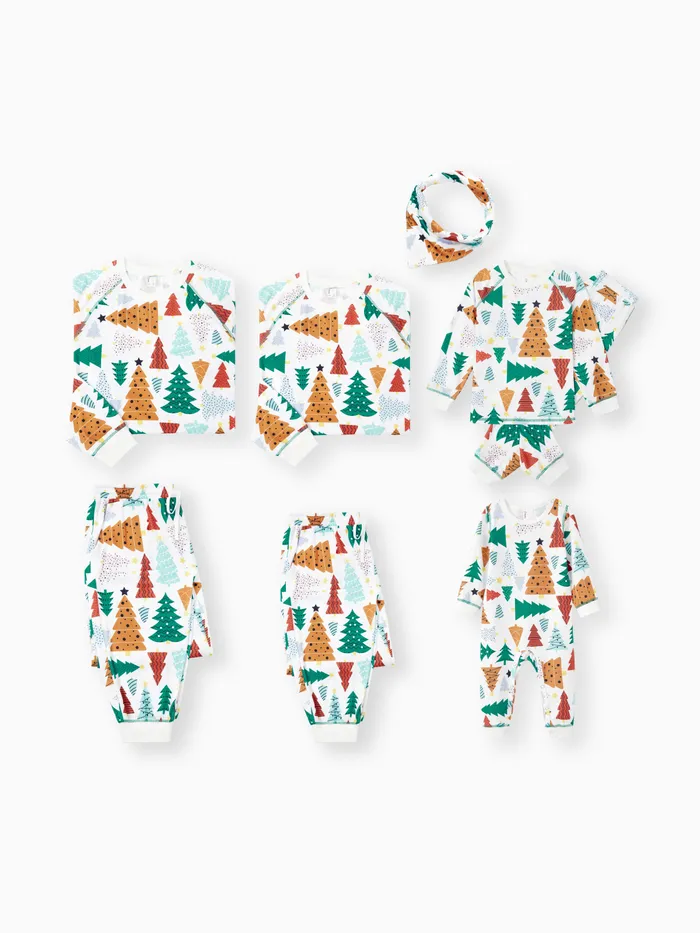 Christmas Pajamas Family Matching Allover Christmas Tree Pattern Pajamas Sets with Drawstring and Pockets 