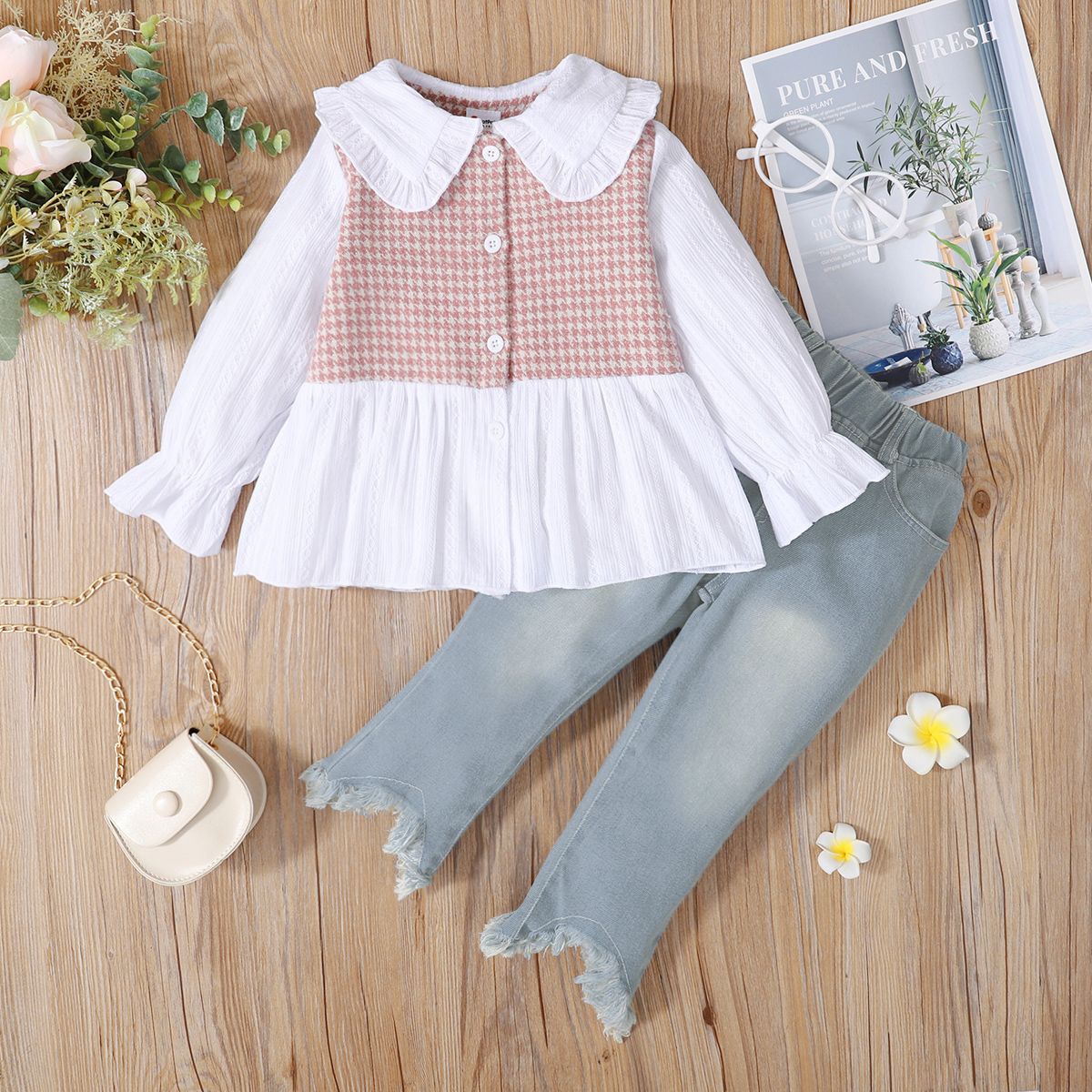 

2-piece Toddler Girl Doll Collar Tweed Splice Long-sleeve Top and Ripped Hem Denim Jeans Set