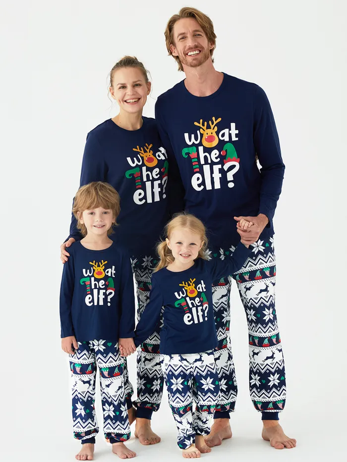 Christmas Family Matching Dark Blue Graphic Long-sleeve Pajamas Sets (Flame Resistant)