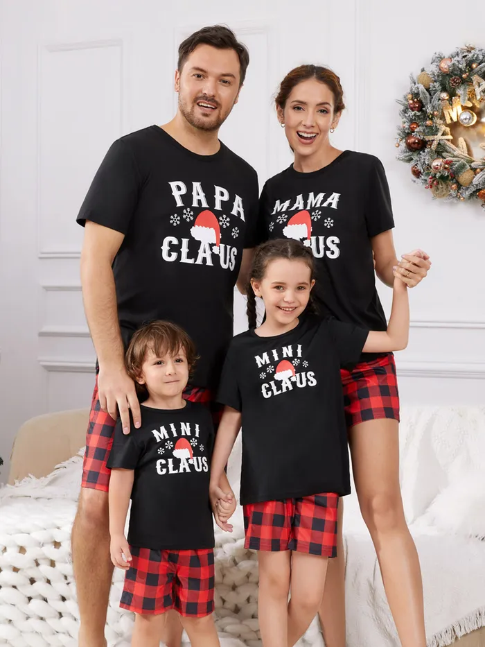 Christmas Hat and Letter Print Black Family Matching Short-sleeve Plaid Pajamas Sets 