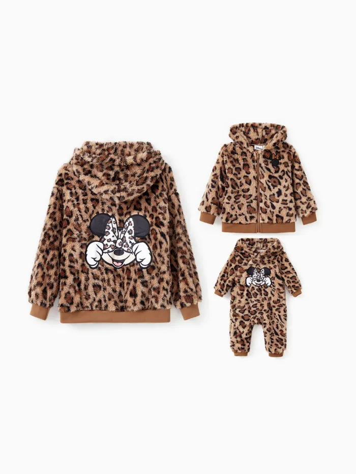 Disney Mickey and Friends Mommy And Me 1pc Minnie Mouse Leopard Print Hooded Plush Coat/Jumpsuit
