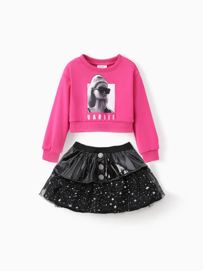 Barbie Toddler/Kid Girl 2pcs Felpa con stampa di carattere e gonna in tulle in pelle Set 