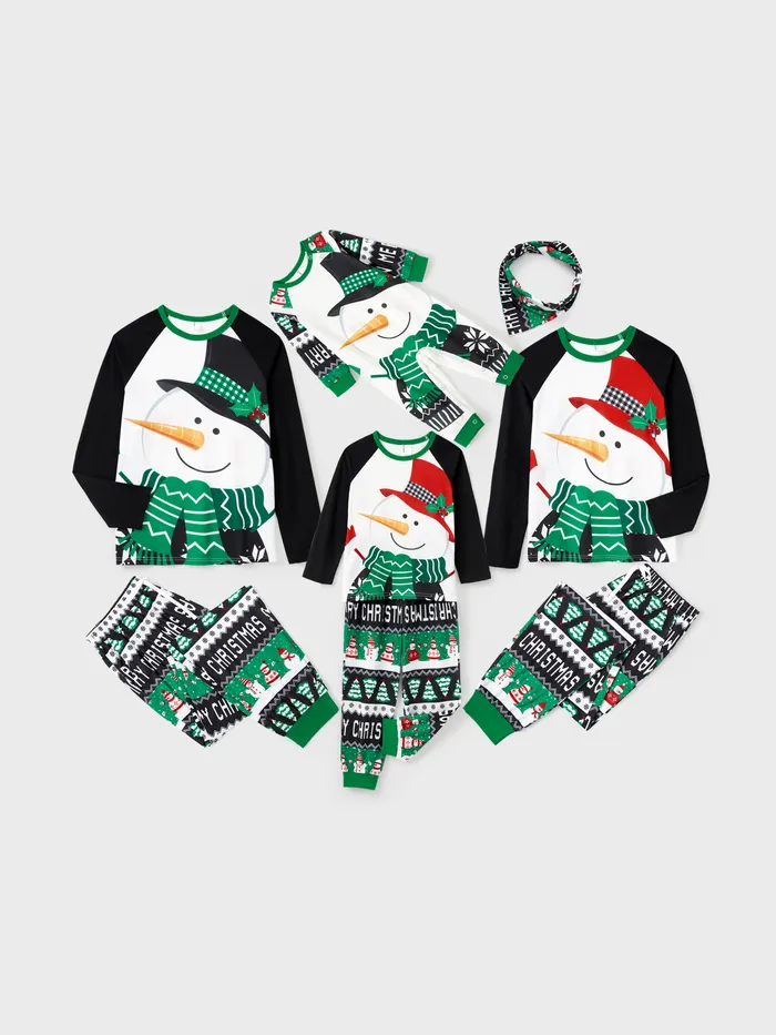 Christmas Family Matching Raglan Sleeves Snow Man Top Hat Top Allover Pattern Pants Pajamas Sets with Drawstring and Pockets 