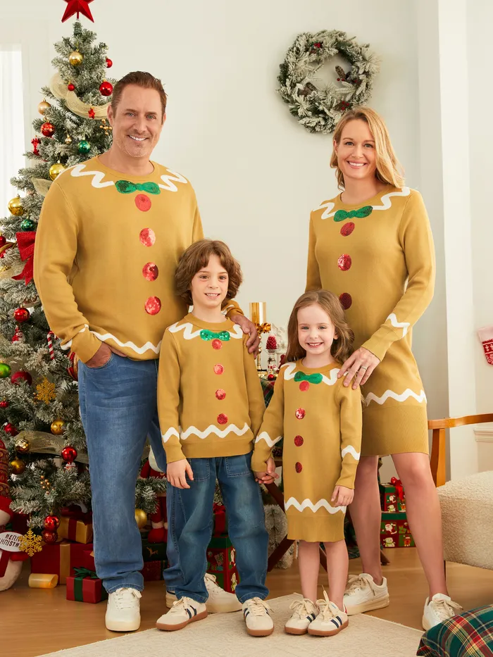 Christmas Family Matching Whimsical Gingerbread Man Sequin Embellishment Knitwear Sweater  