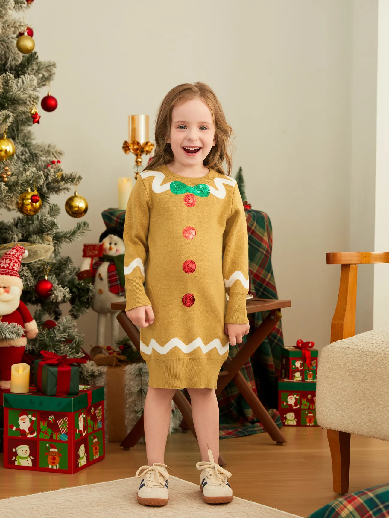 

Christmas Family Matching Whimsical Gingerbread Man Sequin Embellishment Knitwear Sweater