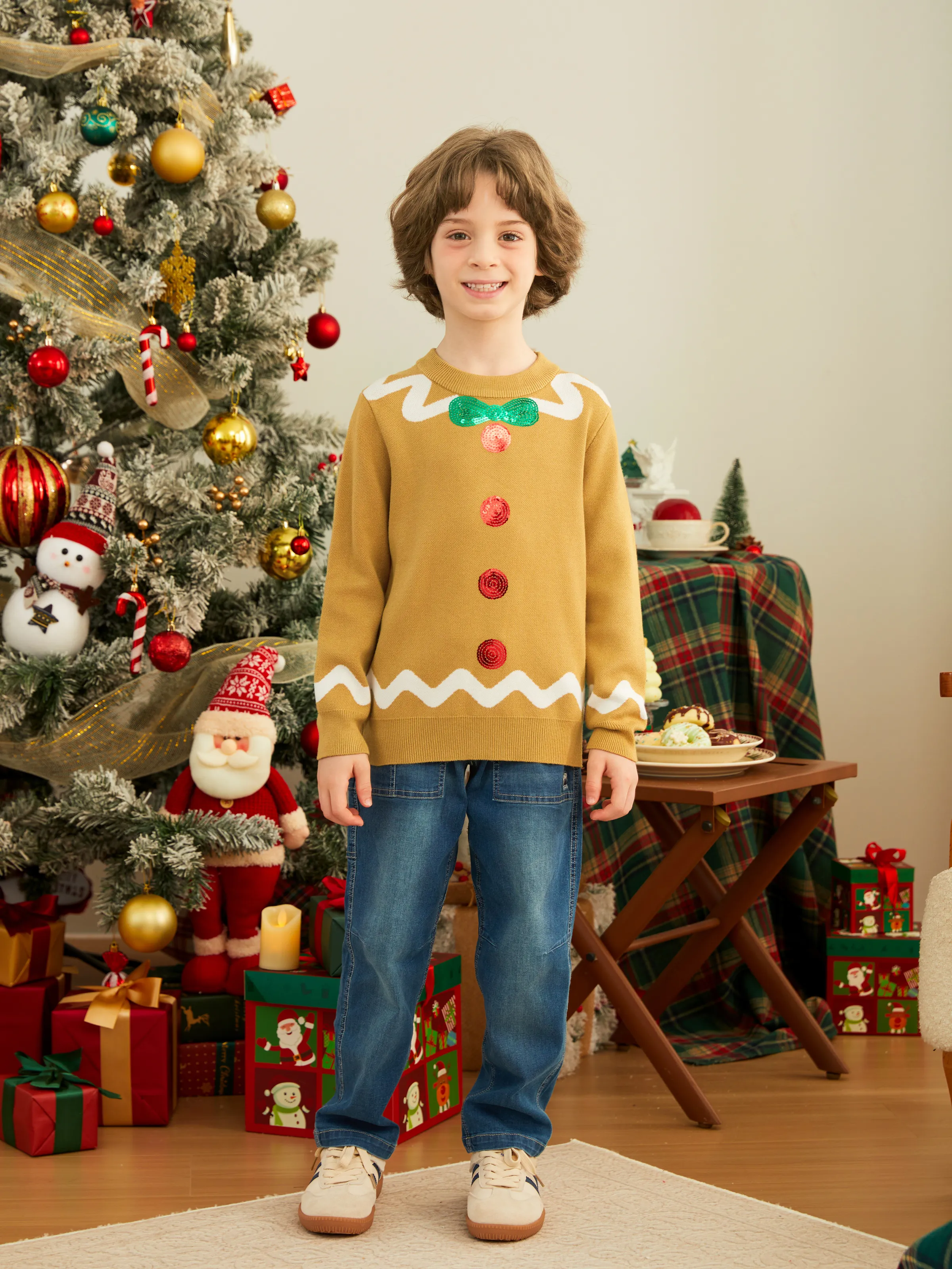 Christmas Family Matching Whimsical Gingerbread Man Sequin Embellishment Knitwear Sweater