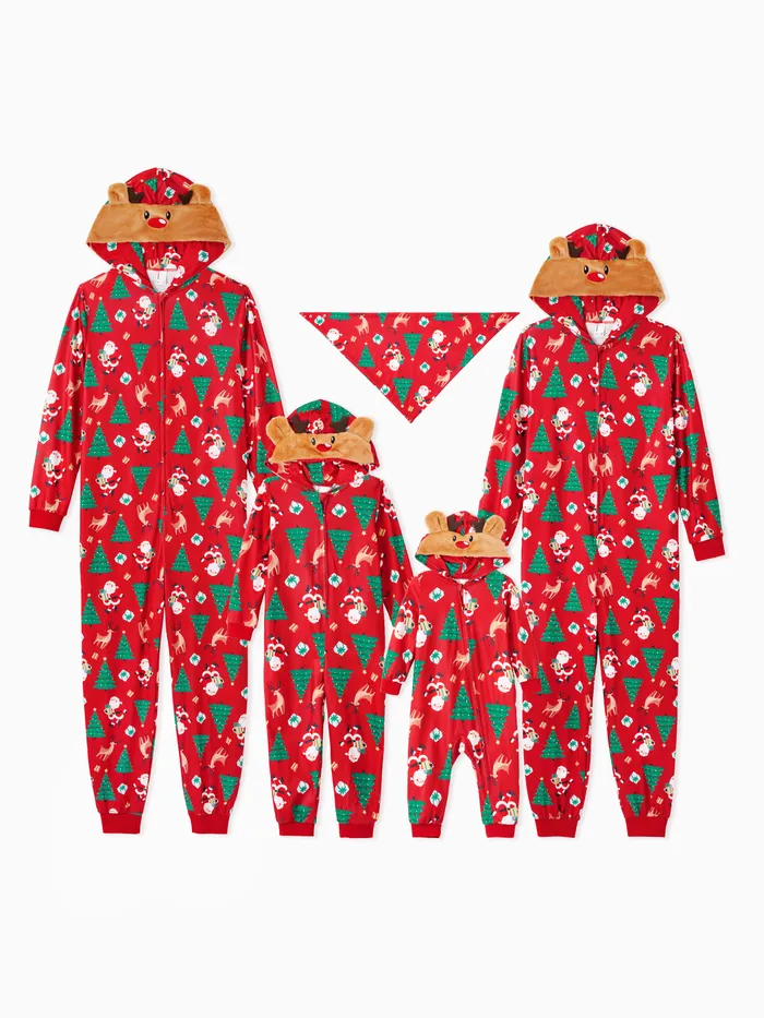 Noël Famille Pyjamas Ensembles 3D Renne Capuche Allover Print Grenouillères 