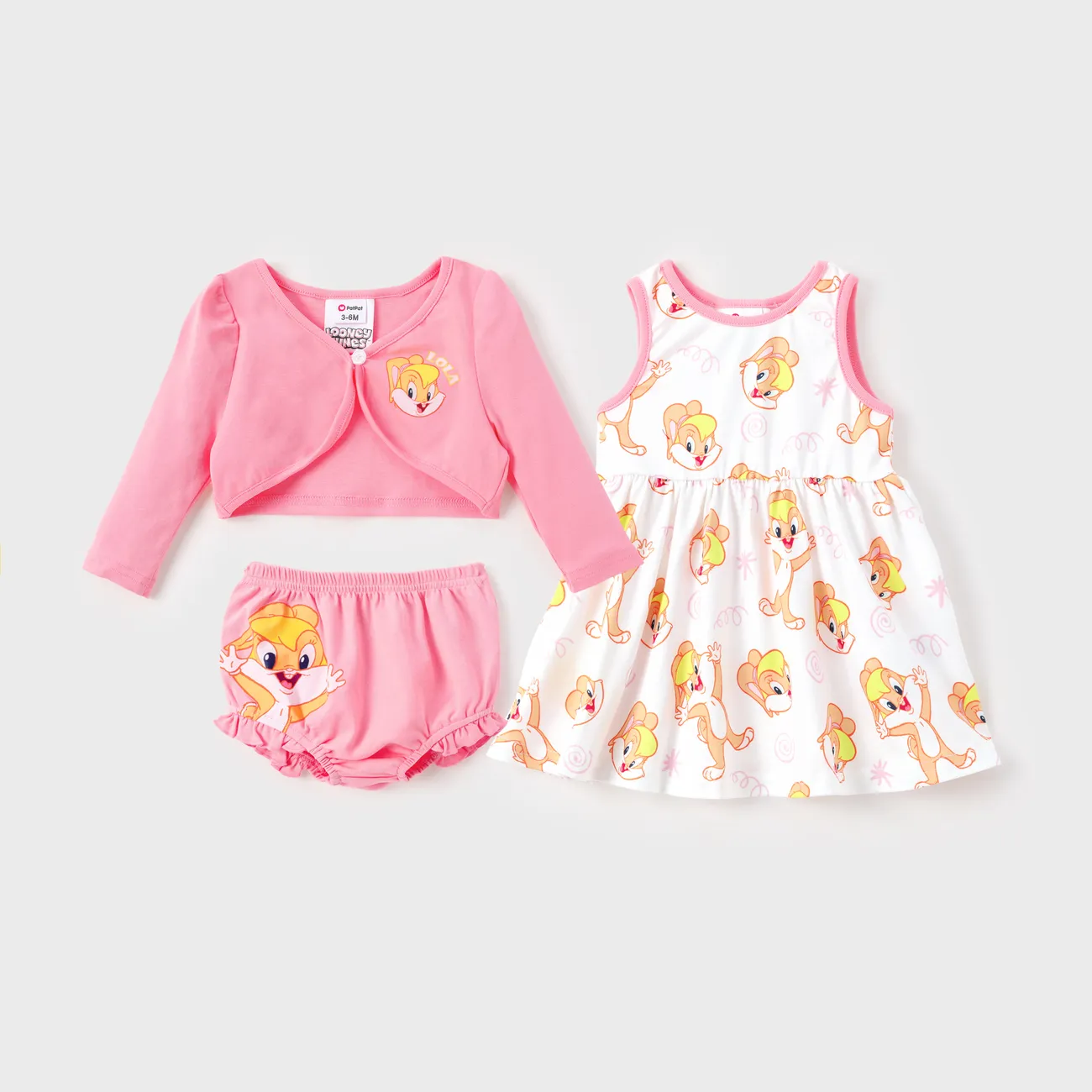 Looney Tunes Baby/Toddler Girl 3pcs Character Pattern Cotton Long-sleeve Cardigan & Dress & Shorts Set