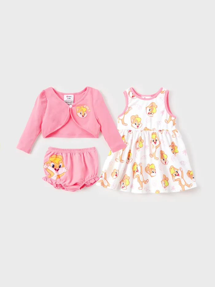 Looney Tunes Bebé/Niña Pequeña 3pcs Patrón de Personaje Cárdigan de Manga Larga de Algodón y Conjunto de Vestido y Pantalones Cortos  
