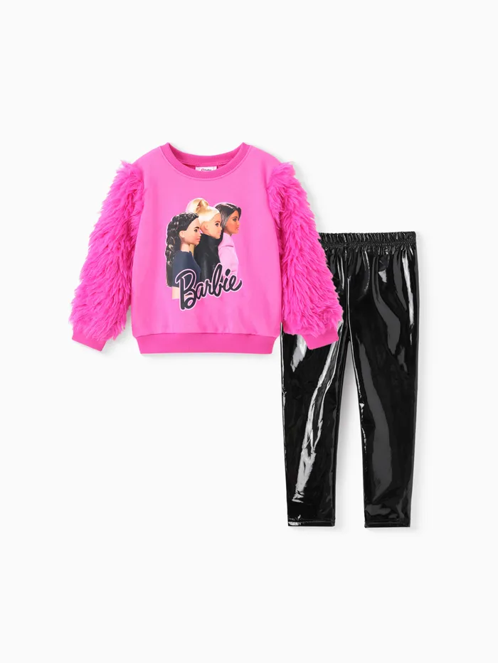 Barbie Kleinkind / Kind Mädchen 2pcs Baumwolle Charakter Plüsch Langarm-Top und Leder Leggings Set 