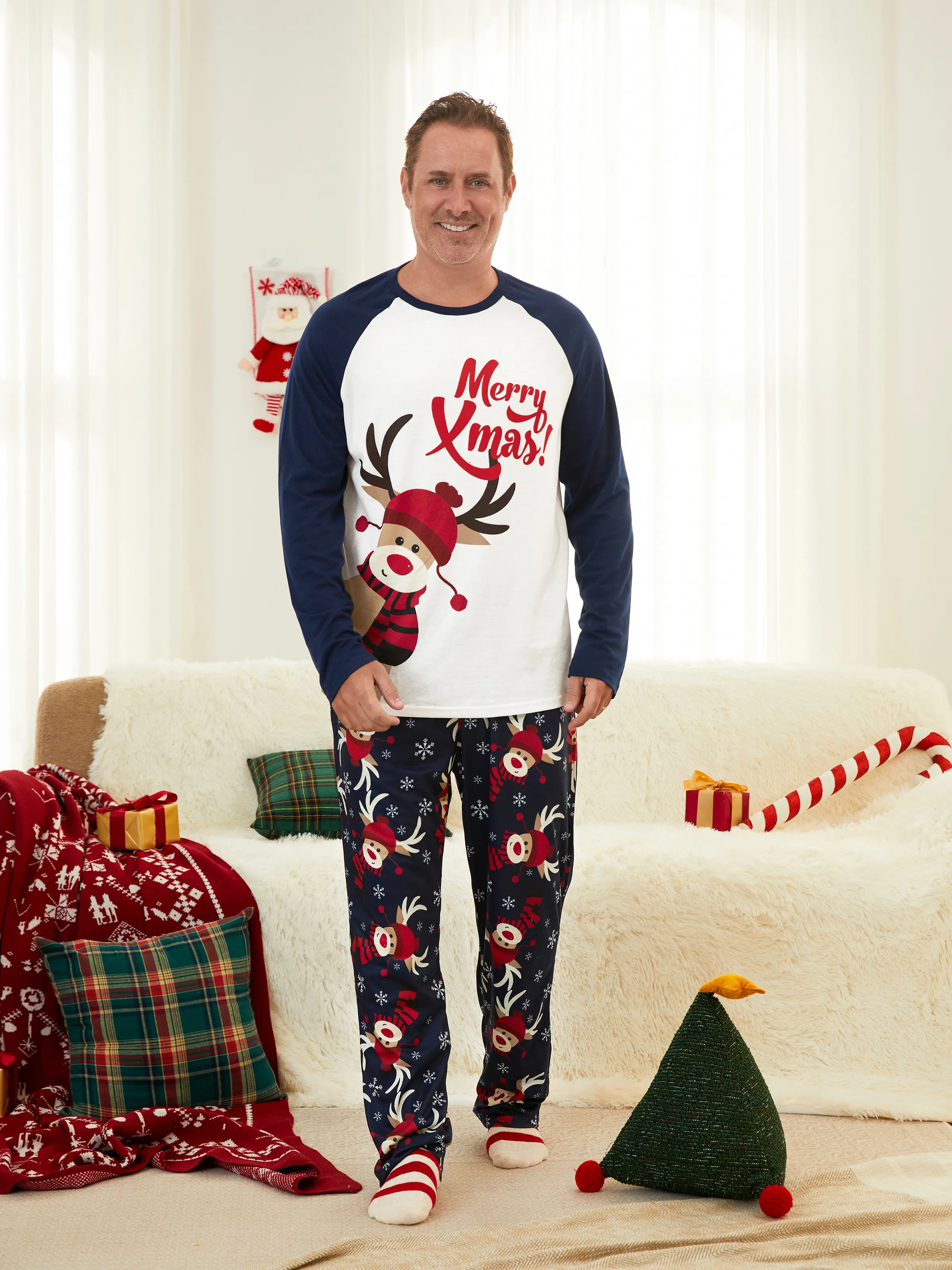 Navidad Familia Pijama Patrón de Reno Grandes Mangas Raglán Gráfico Grandes Conjuntos de Pijamas