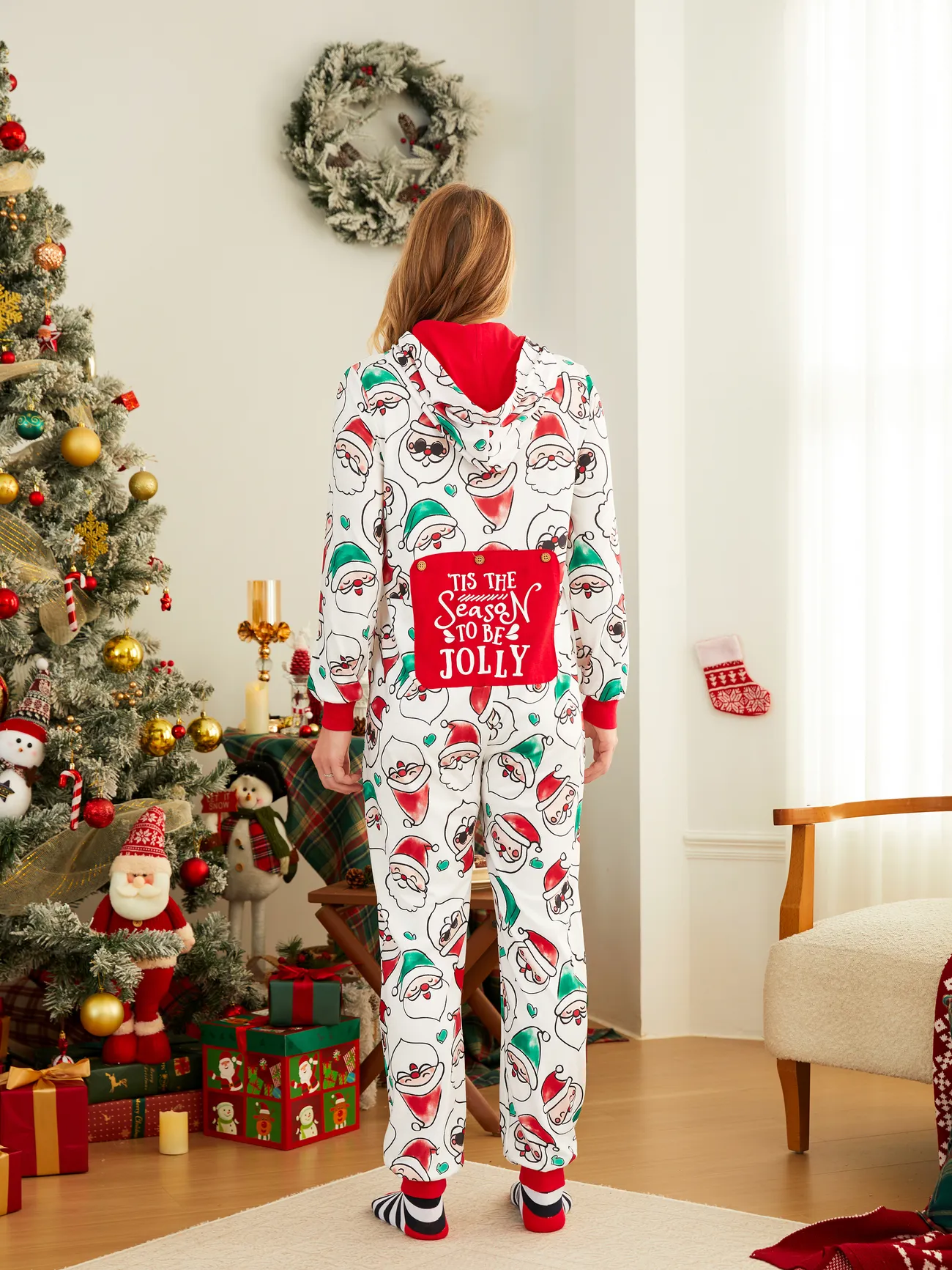 

Christmas Family Matching Allover Santa Claus Print Long-sleeve Hooded Zipper Onesies Pajamas (Flame Resistant)