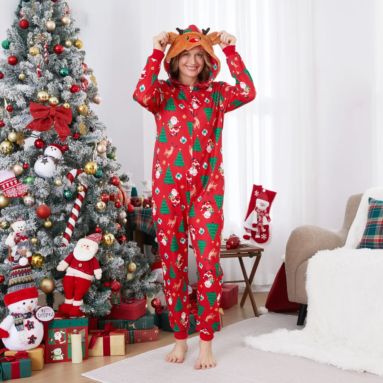 Christmas Family Pajamas Sets 3D Reindeer Hooded Allover Print Onesies
